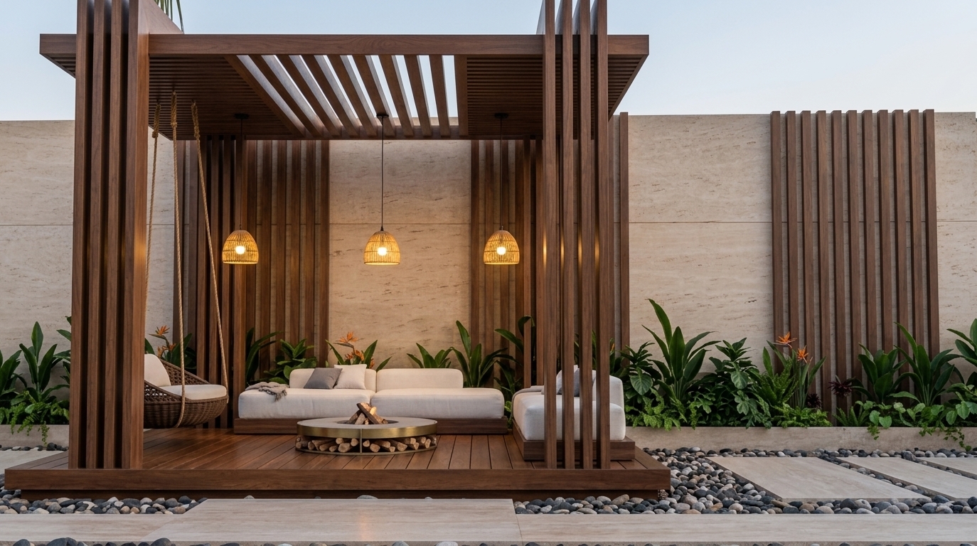 An incredibly lifelike, richly detailed, photorealistic landscape photo of a luxurious modern pergola lounge set in a serene outdoor garden. The scene is illuminated by the gentle, warm glow radiating from three woven sculptural pendant lights and soft, balanced ambient lighting, creating an elegant, airy, and sophisticated atmosphere. Captured with a wide-angle architectural lens, emphasizing the clean-lined structure of the dark wood slatted gazebo, the tactile relief of textured beige wall panels, and the tailored upholstered furniture dressed in soothing shades of warm white, pearl, and soft gray. The composition highlights a low-profile sectional sofa and an inviting woven hanging swing chair arranged around a sleek, slim metal-accented circular fire pit stacked with natural logs, all beautifully framed by lush, polished tropical greenery with flourishing bird-of-paradise plants for an understated, perfectly balanced retreat suited for a high-end design photography book.