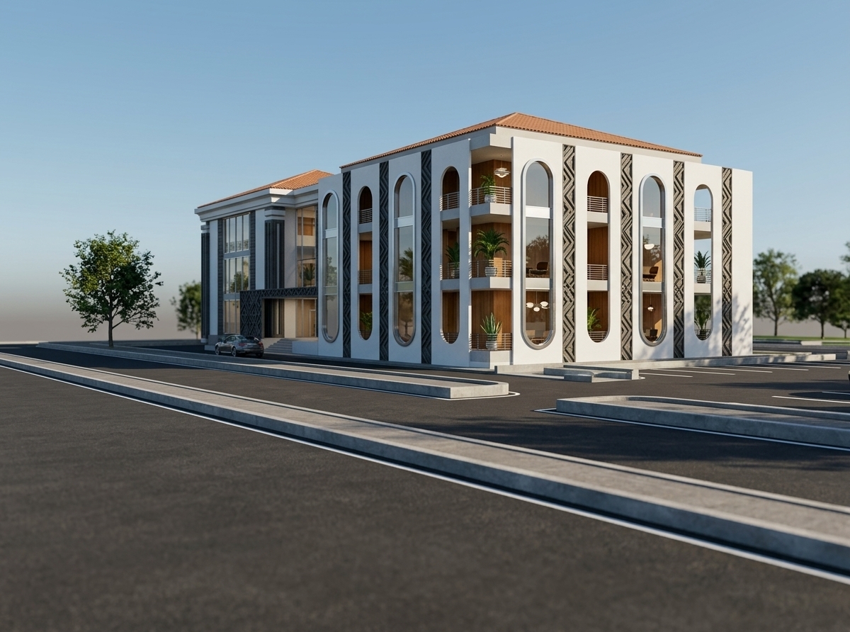 An incredibly lifelike, richly detailed, photorealistic low-angle exterior shot of a mid-century modern commercial building complex set in a pristine urban environment. The scene is illuminated by bright, clear afternoon sunlight, creating a sophisticated and timeless atmosphere with sharp, elegant shadows cast along the façade. Captured with a 24mm tilt-shift architectural lens, emphasizing the crisp contrast between the smooth white stucco panels, the warm earth-toned terracotta hip roofs, and the intricate vertical geometric relief pillars in bold charcoal. Through the expansive floor-to-ceiling glass curtain walls and private recessed balconies, glimpses of warm teak accents, organic indoor greenery, and retro mid-century interior spaces complement the building’s sleek, uncluttered exterior, while asphalt parking bays and clean concrete curbs complete the professional visualization.