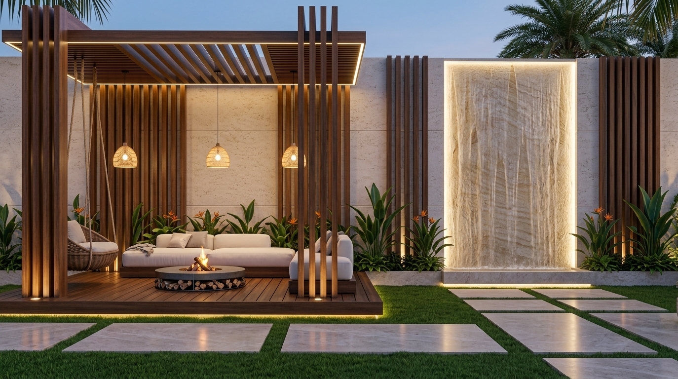 An incredibly lifelike, richly detailed, photorealistic wide landscape photo of a contemporary outdoor garden lounge set in a private luxury courtyard. The scene is illuminated by soft twilight, radiant under-cap LED strip lights, and the warm, ambient glow of woven sculptural lighting pendants alongside a luminous backlit vertical water feature, creating an airy, serene, and sophisticated atmosphere. Captured with a high-resolution architectural camera and wide-angle tilt-shift lens, emphasizing polished stone surfaces, rich dark wood pergola slats, manicured green lawn stepping stones, and tailored upholstered furniture in refined shades of warm white, pearl, champagne, and soft gray. The composition showcases clean-lined contemporary elegance worthy of a design photography book, complete with a circular fire pit accented with slim metal details and stacked logs, an inviting hanging wicker swing chair, and vibrant tropical bird-of-paradise foliage set against textured sandstone walls for a balanced and understated modern aesthetic.