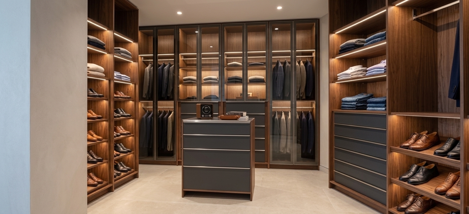 An incredibly lifelike, richly detailed, photorealistic wide-angle interior shot of a bespoke men's walk-in closet set in a luxury penthouse master suite. The scene is illuminated by concealed warm LED ribbon lighting integrated beneath each shelf and inside smoked-glass wardrobes, complemented by soft ambient ceiling spotlights, creating a refined, calm, and sophisticated atmosphere. Captured with a professional full-frame camera paired with a 24mm tilt-shift lens, emphasizing the natural warmth of the rich walnut grain, matte charcoal drawer facades, and pristine polished finishes. Designed as an organized minimalist haven, the dressing room is curated with tailored men's blazers hanging uniformly, neatly folded premium knitwear and shirts on open shelves, an array of polished leather dress shoes neatly lined along dedicated display racks, and luxury accessories showcased atop the central island over seamless large-format limestone flooring.