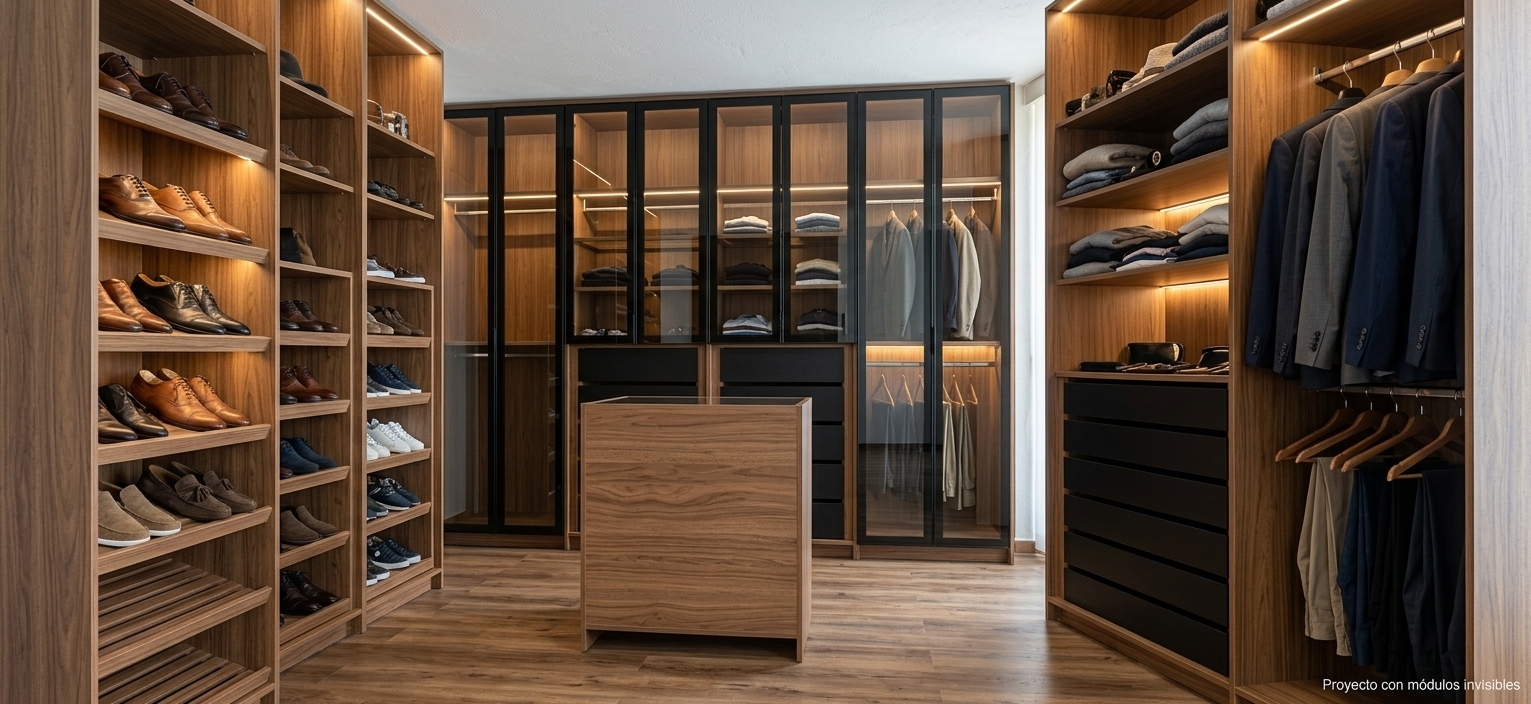 Architectural interior photograph of the walk-in closet, perfectly preserving the original room geometry, camera angle, and custom warm wood cabinetry layout. The left open shelving units are neatly organized with men's shoes including dress shoes and loafers, while the central and rightward hanging rods, open shelves, and glass-door sections are tastefully filled with tailored men's suits, jackets, and neatly folded shirts. The scene is illuminated by soft, recessed interior closet LED strip lighting combined with warm ambient ceiling light, casting subtle specular highlights on the matte black drawers and realistic reflections on the framed glass doors, captured with a sharp wide-angle architectural lens and faint, natural photographic grain.