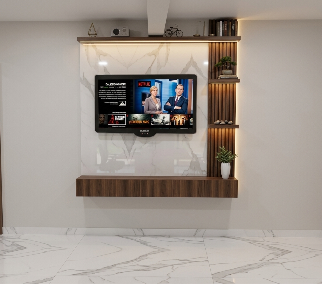 An incredibly lifelike, richly detailed, photorealistic eye-level interior shot of a bespoke media feature wall set in a sleek, contemporary executive meeting room. The scene is illuminated by soft ambient room lighting paired with warm, concealed LED strip lights running along the upper shelf, underneath each floating display tier, and subtly glowing behind the vertical fluted wood lambrín paneling, creating a sophisticated and refined atmosphere. Captured with a 50mm architectural lens at f/4, emphasizing the glossy, reflective polish of the large-format white marble panel with soft grey veining, the deep matte walnut wood grain of the floating cabinetry and slatted accent wall, and the crisp modern display screen. Minimalist decor—including a delicate potted plant in a white ceramic vase, small sculptures, and curated books—adds authentic warmth and contemporary elegance to the pristine corporate interior.
