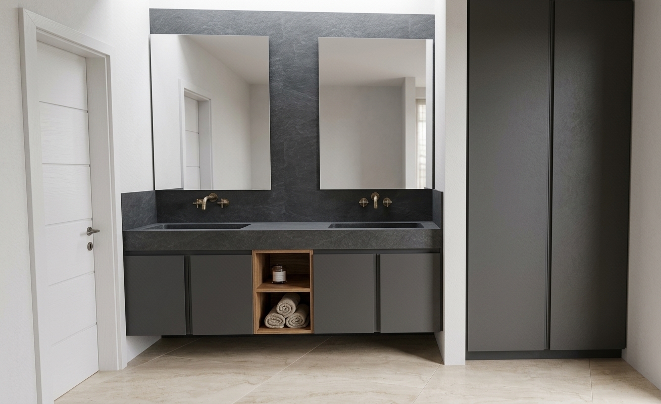 A photorealistic architectural interior photograph capturing the exact layout, featuring two large frameless rectangular mirrors mounted on the dark stone wall directly above the double vanity sinks. Soft, warm ambient light illuminates the space, creating crisp, realistic reflections on the mirror glass and subtle highlights across the brushed brass wall-mounted faucets. The cabinetry showcases smooth, matte charcoal textures balanced by the authentic warm wood grain of the central open niche and smooth beige floor tiles. Captured with a straight-on wide-angle lens, sharp focus, natural shadow diffusion, balanced dynamic range, and faint photographic grain.