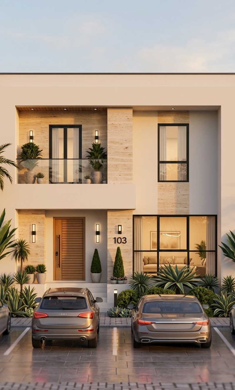 An incredibly lifelike, richly detailed, photorealistic eye-level architectural photo of a modern two-story luxury residence envisioned as a peaceful Scandinavian sanctuary set in a blossoming springtime neighborhood. The scene is illuminated by the warm, radiant glow of a golden sunset casting soft, elongated shadows across the facade, creating a serene, elegant, and welcoming atmosphere. Captured with a professional 35mm tilt-shift architectural lens, emphasizing the rich contrast between the sleek, matte-black window frames and the textured beige travertine stone accents. The sophisticated exterior combines smooth off-white stucco walls with warm, horizontal slatted-timber entrance doors, while the newly updated black-framed glazing reveals glimpses of an inviting, minimalist living room aglow with soft interior ambient lighting. Complementing the architecture, the upper glass-railed balcony is adorned with sculpted potted plants, while the ground level is grounded by vibrant springtime landscaping featuring manicured agaves, topiary shrubs, and polished pavers reflecting the warm dusk light.