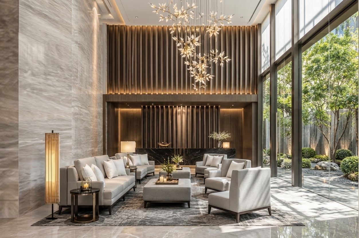 A photorealistic architectural photograph of the luxurious modern lobby illuminated by bright midday daylight streaming through the floor-to-ceiling glass windows, perfectly preserving the exact scene geometry, materials, and composition. The natural daylight brightly exposes the lush courtyard garden while blending smoothly with the interior's warm vertical cove lighting, accent lamps, and glowing crystal chandelier. The polished marble floor displays crisp, natural reflections, balanced by the tactile woven textures of the neutral seating and the detailed grain on the vertical wood slat paneling. Subtle optical depth of field, gentle daylight diffusion, and faint lens bloom evoke an authentic, professionally shot interior photograph.