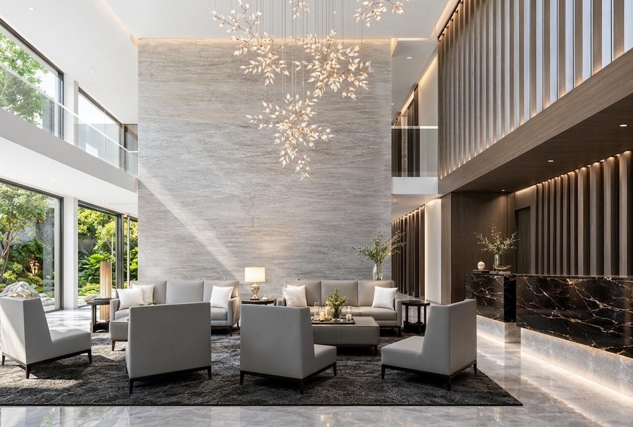 A high-end architectural photograph of the luxury double-height lobby captured at midday, with bright, natural daylight pouring through the floor-to-ceiling windows to balance the warm ambient glow of the leaf chandelier and integrated cove lighting. The textured travertine feature wall, polished marble floor, ribbed wood paneling, and black marble desk display crisp physical reflections, tactile micro-textures, and authentic daytime shadow gradients. Captured with a professional wide tilt-shift lens, the image features balanced dynamic range, neutral color temperature, subtle optical vignetting, and fine photographic grain.
