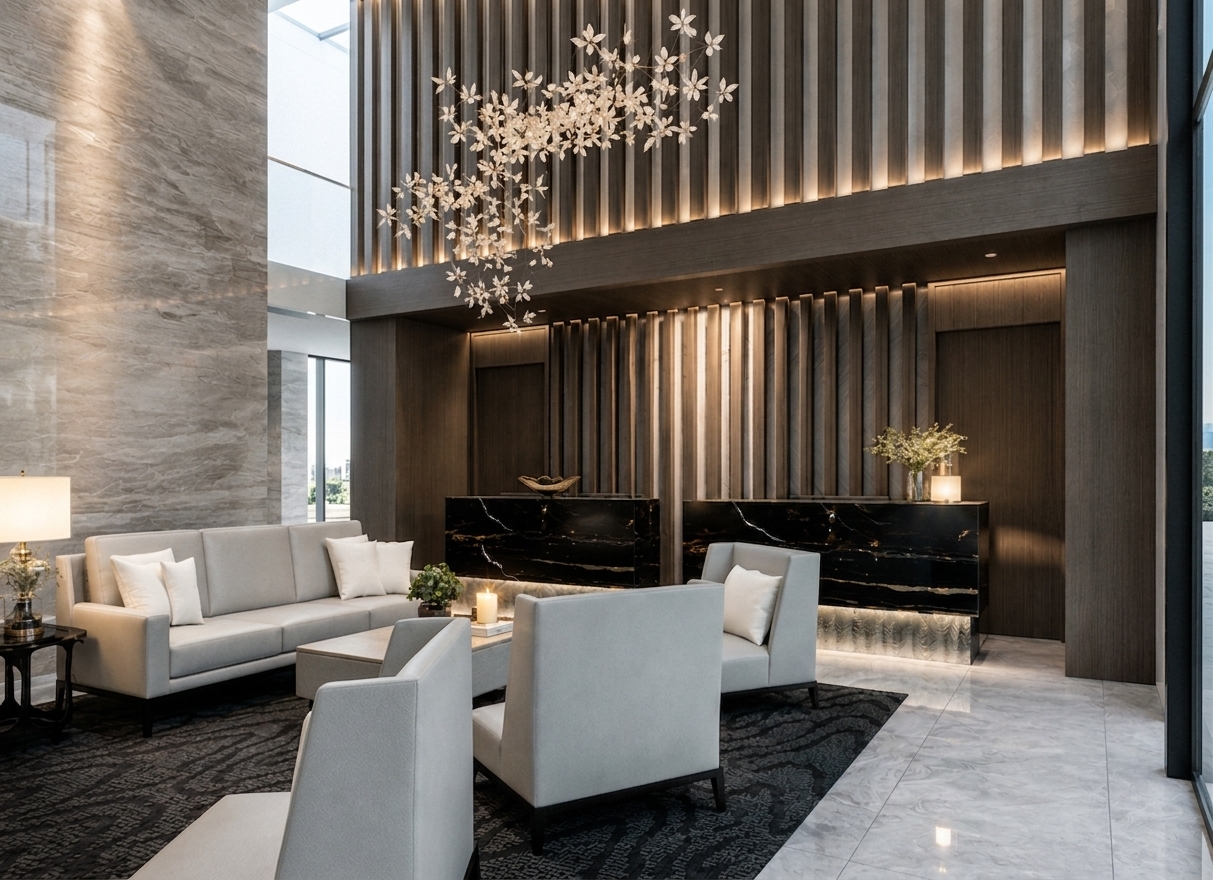 An architectural photograph of the luxurious interior lobby, preserving the exact layout, geometry, and composition under bright, natural midday light. Crisp, diffuse daylight streams through the side openings, naturally balancing with the warm integrated accent lighting along the vertical wood slats and the glowing hanging chandelier. Captured with a professional wide-angle tilt-shift lens, the scene features balanced high-dynamic-range exposure, tactile micro-textures across the beige upholstery and fluted wood panels, authentic specular reflections on the polished marble surfaces, and faint, realistic optical grain.