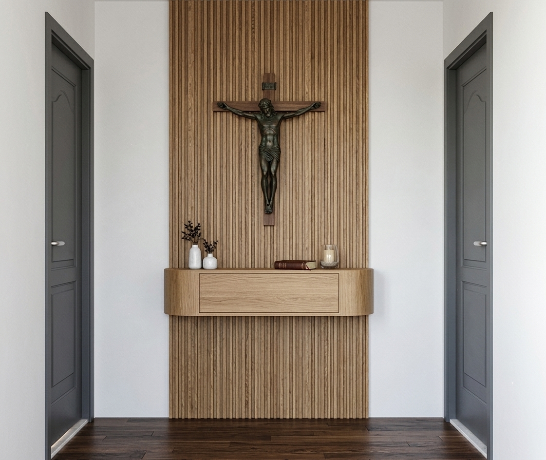 A straight-on architectural photograph of the symmetrical prayer alcove, bathed in bright, soft midday summer sunlight. The vertical fluted oak paneling reveals rich tactile grain and realistic micro-shadows behind the sculpted dark crucifix. On the floating curved oak shelf, realistic material details emerge across the small ceramic vases, leather-bound book, and clear glass votive candle with subtle caustic reflections. The dark hardwood floor features a gentle satin sheen, flanked by grey-painted open panel doors with natural contact shadows. Captured with a sharp 50mm lens, warm natural light balance, true-to-life ambient reflections, and subtle photographic grain.