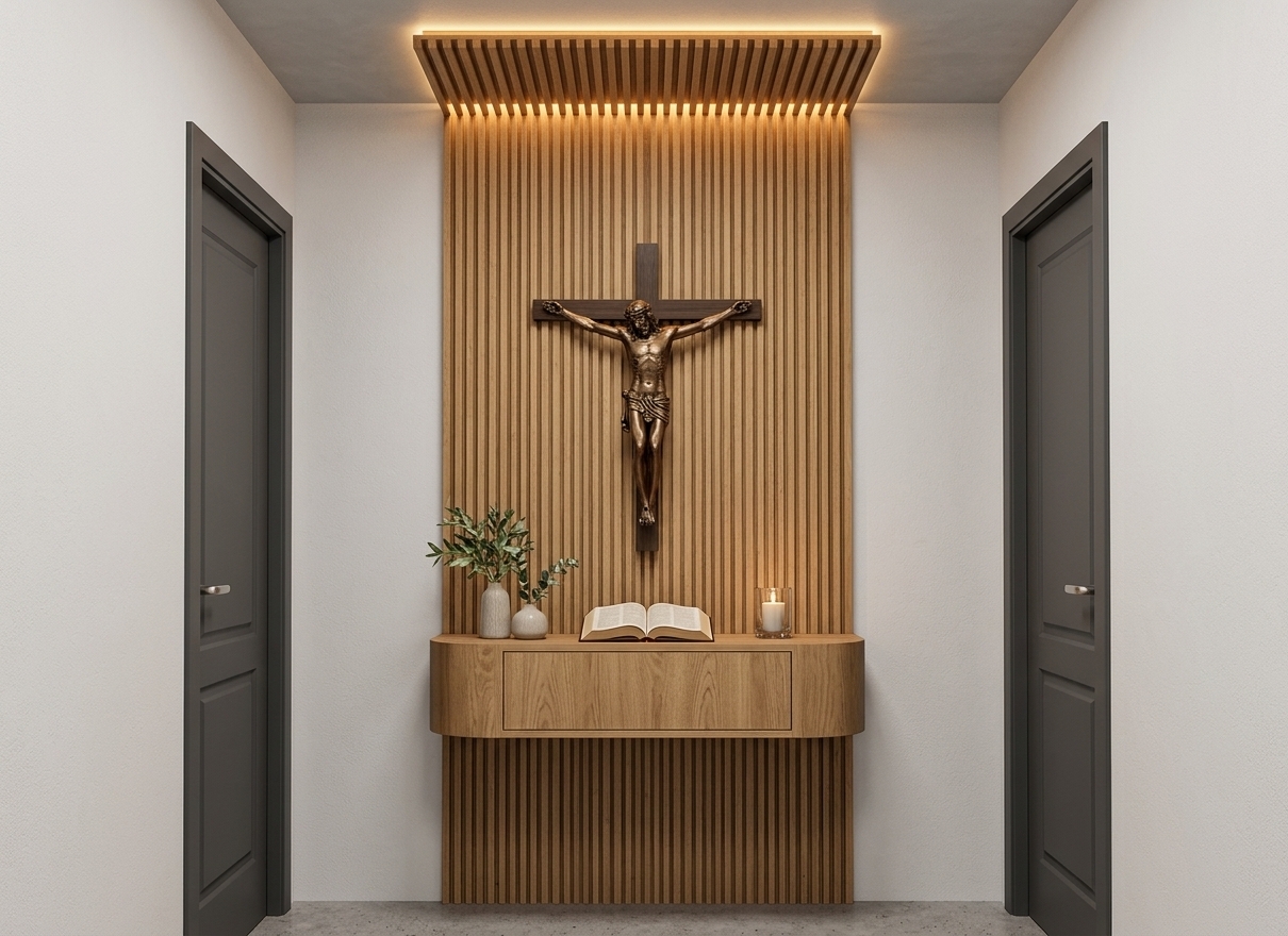 A crisp, eye-level architectural photograph capturing the minimalist home altar with precise preservation of the existing layout and geometry. The surrounding walls are rendered in a matte sand-white textured paint, perfectly framing the central feature wall of light oak vertical wood slats that transitions into the ceiling canopy. Warm, concealed LED strip lights softly illuminate from behind both vertical outer edges of the fluted paneling, casting a gentle ambient glow that accentuates the timber's dimensional relief and natural grain. The centered crucifix features realistically colored, detailed materials with subtle bronze and natural wood tones, mounted above the floating light oak console table. Balanced ambient lighting reveals fine micro-textures across the matte-finished doors, smooth wood surfaces, and small tabletop decorative pieces with natural depth, crisp focus, and authentic photographic warmth.