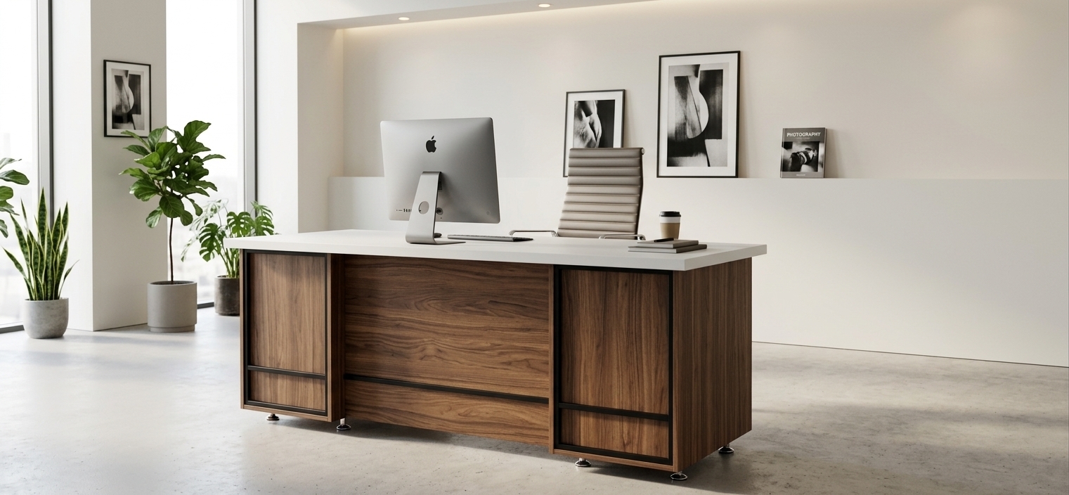 An incredibly lifelike, richly detailed, photorealistic three-quarter perspective interior shot of a modern fusion executive workspace set in a high-end urban office. The scene is illuminated by soft, diffused natural daylight streaming through unseen large windows complemented by subtle, warm recessed lighting, creating a bright, dynamic, and professional atmosphere. Captured with a professional 50mm architectural lens, emphasizing the rich, organic wood grain of the custom desk base, the smooth matte finish of the thick white tabletop, and the sleek chrome accents of the ribbed ergonomic chair. The open-concept environment balances minimalist elegance with industrial-inspired flair, featuring crisp neutral tones punctuated by bold black framing, vibrant modern accents, an artfully placed photography book, contemporary abstract art adorning the pristine walls, and lush green indoor foliage that injects fresh life into the clean, geometric composition.