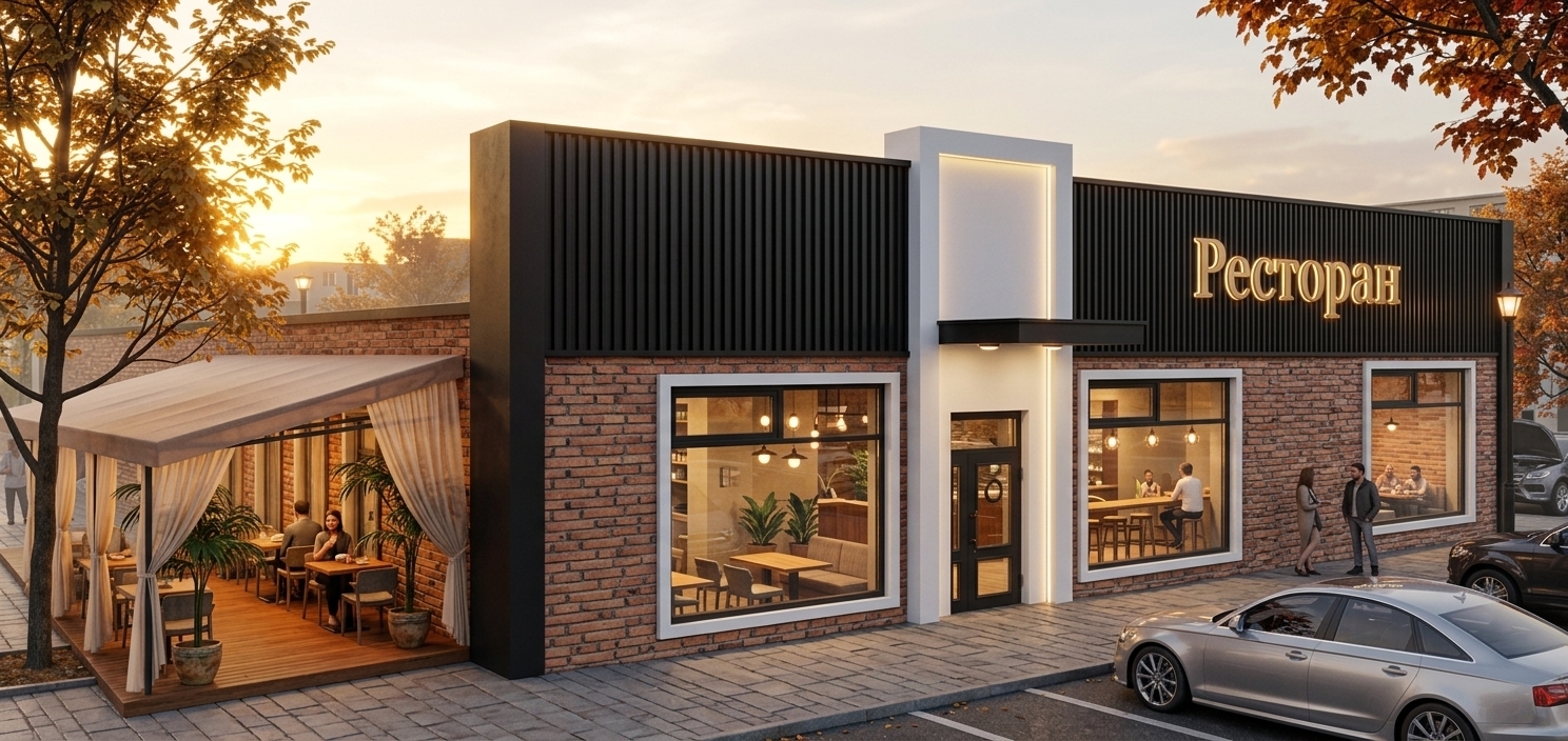 An incredibly lifelike, richly detailed, photorealistic wide-angle architectural shot of a modern industrial loft-style restaurant facade set in an autumn urban environment. The scene is illuminated by the radiant, warm golden glow of a low sunset blended with soft interior ambient lighting, creating an inviting, cozy, and sophisticated atmosphere. Captured with a professional full-frame camera and a 24mm tilt-shift lens, emphasizing the rich textures of reclaimed red brick, matte-black vertical slatted paneling, and elegant golden backlit signage. Along the side, an inviting covered terrace features warm timber decking, lush potted palms, and flowing fabric curtains softly framing the outdoor dining space against the backdrop of golden autumn foliage and parked vehicles on the neat stone-paved street.