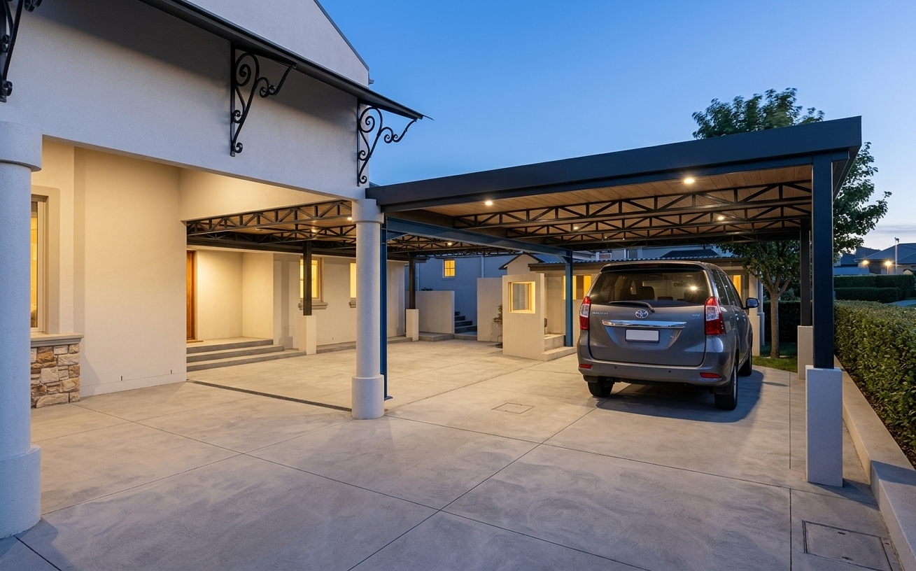 An incredibly lifelike, richly detailed, photorealistic wide-angle exterior architectural shot of a modern luxury residential carport and grand driveway set in an upscale suburban estate. The scene is illuminated by the cool, serene gradient of the evening "blue hour" balanced against warm, golden light spilling from integrated ceiling downlights and ambient fixtures, creating an inviting, tranquil, and sophisticated atmosphere. Captured with a professional full-frame camera and a 24mm tilt-shift lens, emphasizing crisp structural lines, polished automotive reflections, and contrasting material textures. The dynamic cantilevered carport features a sleek, flat-panel dark fascia perimeter, beneath which an exposed high-density steel truss and gutter framework merges flawlessly with warm wood-look acoustic ceiling paneling and flush-mounted warm-white LED spotlights. Supporting the canopy are immaculate, textured white columns alongside a clean, structurally integrated industrial-blue steel support beam. Resting gracefully on the right is a refined grey SUV, its glossy metallic clearcoat mirroring the ambient twilight and warm overhead luminaires. Below, the spacious driveway is laid with high-grade, large-format brushed concrete paving blocks, while the adjacent residential facade showcases smooth off-white stucco, subtle architectural stonework, and delicate black wrought-iron decorative brackets mounted above. In the background, lush, manicured foliage and soft neighboring textures complete this crystalline, mid-century-modern-infused visualization with exquisite depth and razor-sharp clarity.