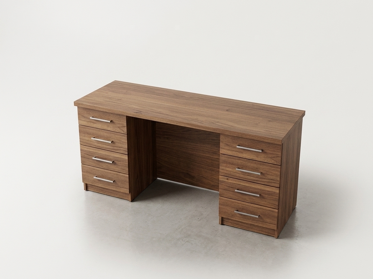 A commercial studio photograph of the double-pedestal wooden office desk captured from the exact high-angle perspective and framing against a clean background. The oak wood laminate surfaces feature authentic micro-grain textures and a realistic satin sheen, while the metallic drawer handles reflect soft, diffused studio lighting. Subtle ambient occlusion and soft contact shadows ground the base, photographed with a sharp 50mm lens, neutral color temperature, and fine photographic grain.
