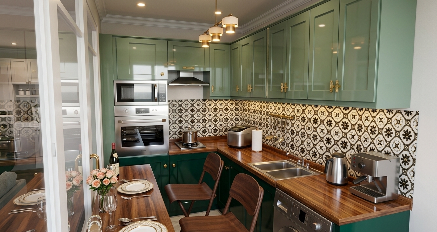 An incredibly lifelike, richly detailed, photorealistic interior shot of an Art Deco glamour-inspired compact kitchen set in a luxurious urban apartment. The scene is illuminated by crisp midday ambient light balanced by warm ceiling pendant spotlights, creating a bold, chic, and sophisticated atmosphere. Captured with a 24mm wide-angle lens at eye level, emphasizing the high-gloss finishes, intricate geometric tiles, and warm wood textures. 

The streamlined U-shaped layout showcases sleek sage and jewel-toned lacquered cabinetry accented with gilded hardware, beautifully framed against an ornamental, repeating geometric tile backsplash. Polished butcher-block countertops gleam with midday highlights, accommodating high-end stainless steel appliances including an espresso maker, electric kettle, cooker, and built-in oven tower with an under-counter washing machine. In the foreground, an intimate wooden dining counter is set for two with delicate table settings, wine glasses, and a fresh floral vase, accompanied by minimalist timber chairs, perfectly marrying functional elegance with extravagant, magazine-ready sophistication.