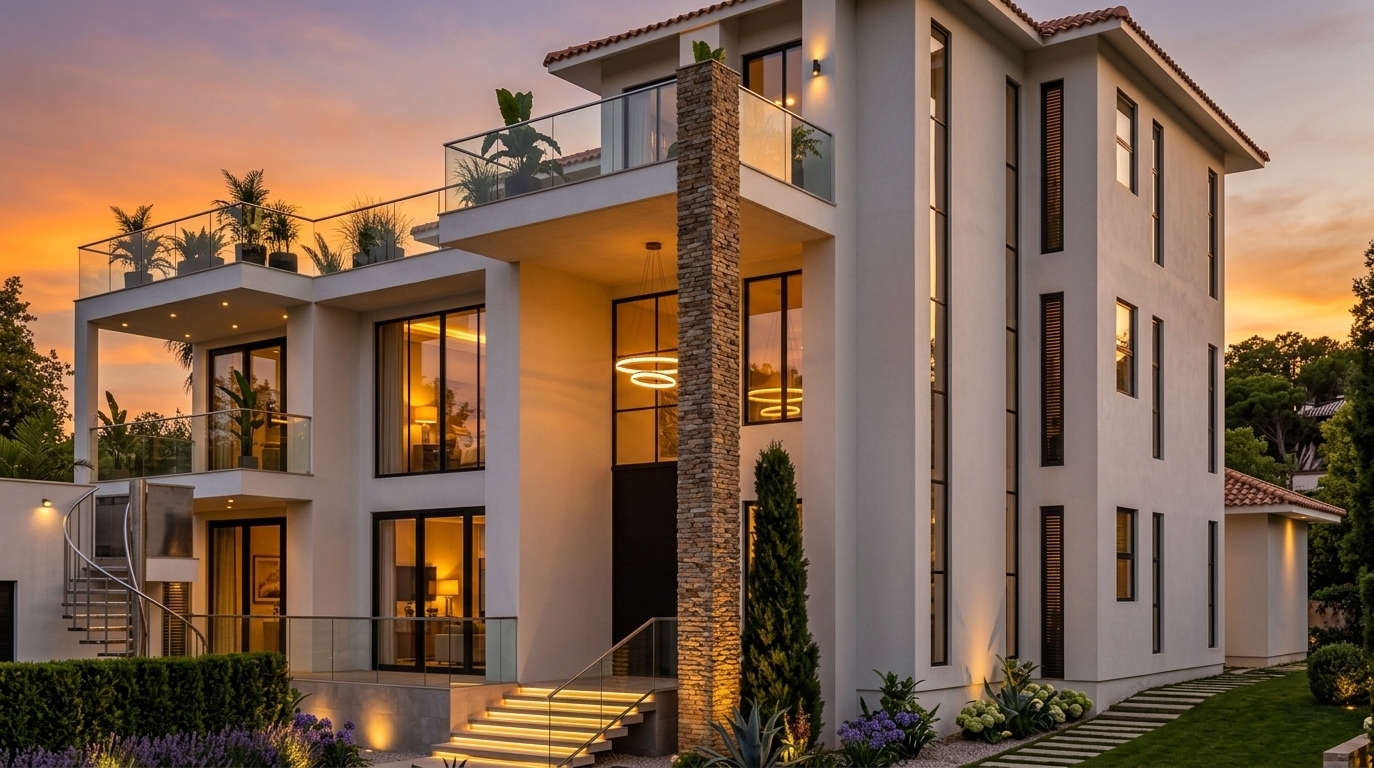 An incredibly lifelike, richly detailed, photorealistic exterior architectural photo of a contemporary, mid-century modern-inspired luxury villa set in a beautifully manicured outdoor garden. The scene is illuminated by the warm, golden radiance of a vibrant sunset transitioning into dusk, harmonized with warm ambient interior and exterior lighting, creating an inviting, sophisticated, and serene atmosphere. Captured with a professional wide-angle tilt-shift lens, emphasizing the smooth, crisp white stucco facades, the tactile stacked-stone structural pillar, and the rich terracotta roof tiles catching the fading sunlight. Soft, warm recessed LED lights glow beneath the entrance steps, while discreet garden spotlights accentuate lush trimmed hedges, vibrant floral arrangements, and a textured stepping-stone pathway leading through the lawn. Expansive black-framed picture windows and sleek glass-railed balconies cast warm indoor glows and capture brilliant reflections of the fiery amber and soft violet sky, seamlessly uniting the villa's modern interior design with its tranquil, nature-infused surroundings.
