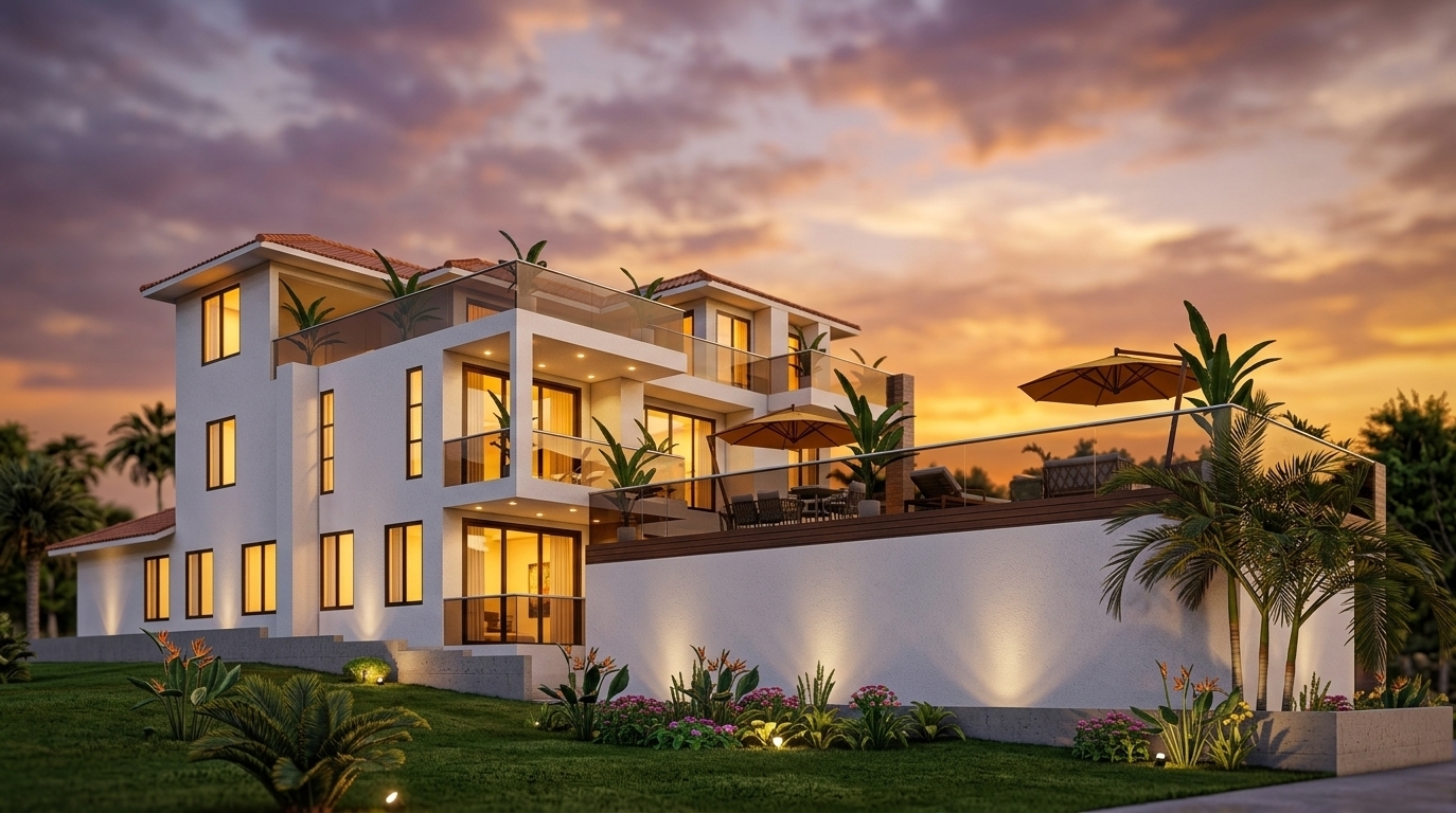 An incredibly lifelike, richly detailed, photorealistic wide-angle architectural photo of a multi-tiered mid-century modern hillside villa set in a lush, manicured subtropical landscape. The scene is illuminated by the radiant golden hues of a dramatic sunset harmonized with warm ambient interior and exterior lighting, creating an inviting, luxurious, and serene evening atmosphere. Captured with a high-end architectural tilt-shift lens on a full-frame camera, emphasizing the crisp white textured stucco, glowing floor-to-ceiling glass sliding doors, elegant terracotta roof tiles, and the delicate reflections across tinted glass balustrades. Softly glowing recessed downlights graze the cantilevered terrace ceilings and illuminate stylish patio lounge furniture under warm ochre umbrellas, while strategically placed low-voltage garden spotlights gently accentuate the vibrant tropical flowerbeds, Birds of Paradise, and slender palm trees along the sloping green lawn. The dusk sky, streaked with soft violet and amber clouds, completes the composition, seamlessly bridging the villa's clean geometric lines with its tranquil natural surroundings.