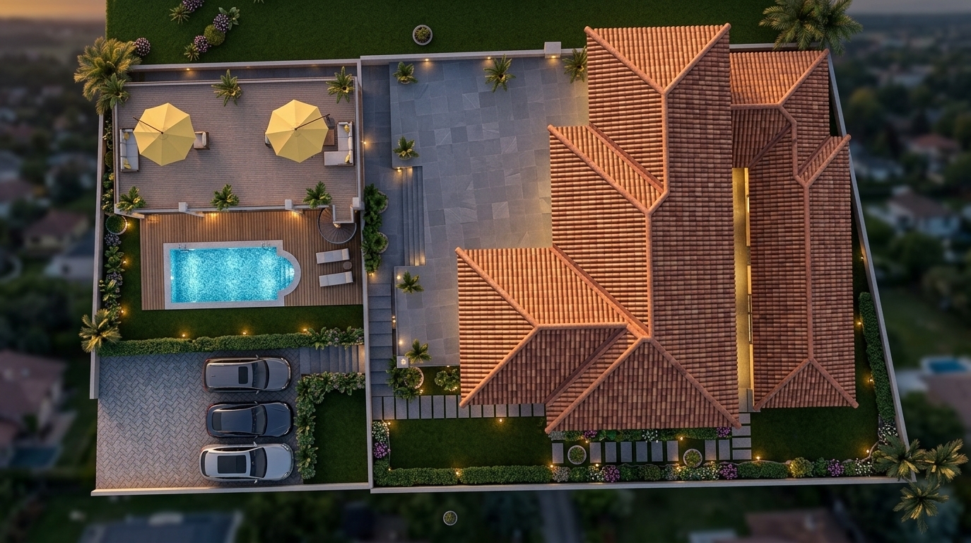 An incredibly lifelike, richly detailed, photorealistic aerial top-down architectural photograph of an expansive mid-century modern villa estate set in a lush, manicured landscape. The scene is illuminated by the low golden glow of a radiant sunset paired with subtle warm exterior uplighting, soft garden path lights, and glowing ambient interior illumination from within, creating a tranquil, luxurious, and inviting twilight atmosphere. Captured with a professional aerial perspective on a high-resolution medium-format camera, emphasizing the crisp geometric ridges and rich tactile texture of the terracotta barrel-tiled roof, the sleek gray slate slabs of the courtyard, and the shimmering, crystalline blue water of the private swimming pool bordered by natural teak decking. To the west, a secondary pavilion boasts an elegant rooftop terrace dressed with stylish yellow parasols, designer outdoor lounge seating, and lush tropical potted plants, connected by an outdoor spiral staircase to the pool deck and sun loungers below. A neatly paved three-car driveway features parked contemporary vehicles framed by manicured privacy hedges, stone stepping-stone paths, and blooming perimeter flowerbeds, seamlessly merging refined modernist architecture with a serene outdoor garden oasis.