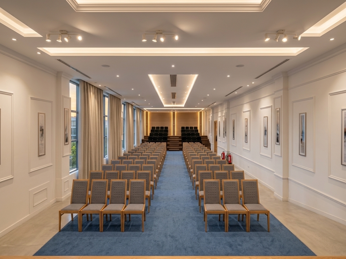 An incredibly lifelike, richly detailed, photorealistic wide-angle interior shot of a sophisticated corporate meeting and auditorium hall set in a modern commercial office building during a clear summer evening. The scene is illuminated by soft, warm ambient cove lighting recessed within the layered white gypsum ceiling trays, balanced by precise track spotlights and the gentle, golden glow of sunset spilling through tall, curtain-framed windows, creating a serene, professional, and refined atmosphere. Captured with a high-end full-frame camera and a 24mm architectural tilt-shift lens, emphasizing the fine texture of the plush blue central carpet runner, the crisp classical relief of the white gypsum wall moldings, and the tailored fabric and light wood frames of the neatly arranged rows of chairs. In the background, floor-to-ceiling windows reveal a glimpse of adjacent contemporary office architecture bathed in soft dusk light, completing this minimalist yet grand conference space.