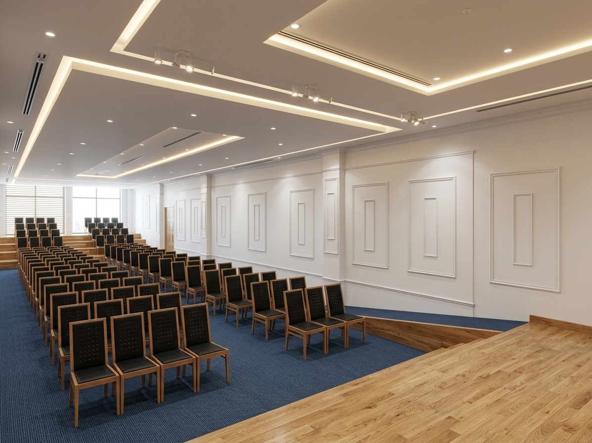 An incredibly lifelike, richly detailed, photorealistic wide-angle interior shot of a spacious modern meeting and conference hall set in a premier corporate office building. The scene is illuminated by soft, bright midday daylight balanced with crisp, warm linear LED strip lighting seamlessly concealed within the tiered white gypsum ceiling and precise architectural track spotlights, creating an inviting, sophisticated, and professional atmosphere. Captured with an eye-level wide-angle lens, emphasizing the tactile richness of the textured blue commercial carpeting, the satin finish of the crisp white walls articulated with refined gypsum moldings, and the polished natural grain of the light oak stage flooring in the foreground. Rows of sleek wooden chairs with tailored black upholstery descend symmetrically toward the back, perfectly complementing the minimalist aesthetic and pristine corporate architectural design.