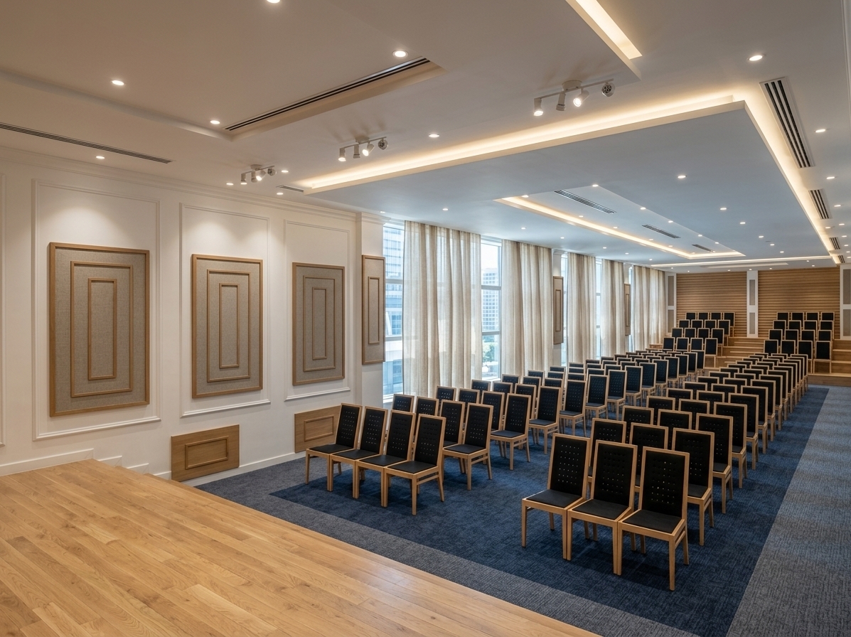 An incredibly lifelike, richly detailed, photorealistic wide-angle interior photograph of an expansive corporate meeting hall and auditorium set in a premier commercial business district. The scene is illuminated by warm midday summer sunlight softly filtering through floor-to-ceiling draped windows, seamlessly balanced by concealed warm-white LED cove strip lighting recessed into the layered gypsum ceiling and sleek directional track lights, creating an inviting, sophisticated, and tranquil minimalist atmosphere. Captured with a professional 24mm architectural tilt-shift lens, emphasizing the fine grain of the elevated natural oak hardwood stage, the rich tactile texture of the plush navy-blue and slate-grey looped carpeting, and the clean geometric relief of the classic white gypsum wall moldings. Rows of modern, light-wood framed chairs with breathable black upholstered backing cascade neatly down the stepped auditorium floor toward the rear tiered seating. Outside the sheer linen drapes, subtle glimpses of surrounding modern glass office towers under clear blue skies enhance the high-end corporate ambiance, accentuating the room’s pristine spatial balance and refined acoustics.