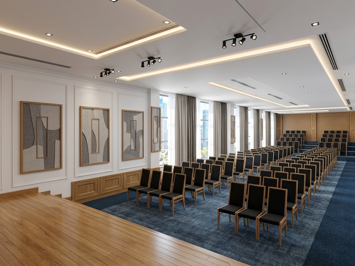 An incredibly lifelike, richly detailed, photorealistic wide-angle interior architectural rendering of an expansive corporate meeting hall set in a contemporary commercial office environment. The scene is illuminated by crisp, natural midday summer light filtering gently through floor-to-ceiling curtained windows, harmoniously balanced by warm, linear concealed LED cove lighting along the geometric ceiling recesses, creating an inviting, sophisticated, and professional atmosphere. Captured with a high-end 24mm tilt-shift architectural lens, emphasizing the fine texture of the plush azure and slate-blue commercial carpet, the natural wood grain across the polished stage platform, and the crisp definition of the pristine white walls adorned with elegant gypsum moldings. Sleek black conference seating with fine-textured upholstery and light-toned timber frames is arranged in immaculate, symmetrical rows leading toward the tiered rear seating. In the background, glimpses through the large windows reveal a vibrant, sunlit urban business district, perfectly accentuating this refined, minimalist executive haven.