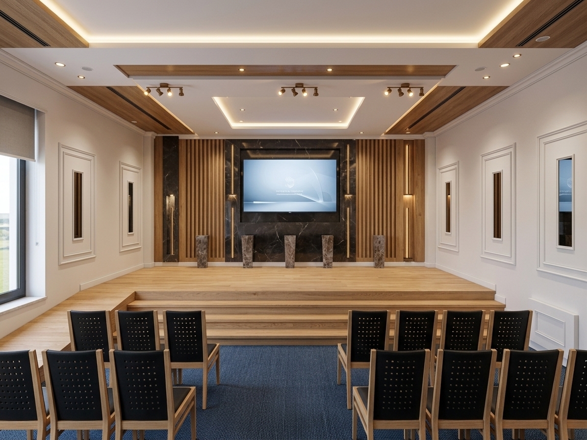 An incredibly lifelike, richly detailed, photorealistic eye-level interior shot of an executive meeting hall set in a sleek corporate office environment during a bright summer midday. The scene is illuminated by soft, concealed LED strip lighting recessed within the layered white gypsum ceiling and focused warm track spotlights, creating an inviting, sophisticated, and focused minimalist atmosphere. Captured with a wide-angle 24mm architectural tilt-shift lens, emphasizing the rich, organic grain of the elevated natural oak stage, the fine woven texture of the deep-blue acoustic carpet, and the crisp relief of the classic white gypsum wall moldings. 

At the center of the stage, a massive high-definition presentation screen framed in polished dark marble is accented by slender vertical timber slats and decorative marble pedestals. Rows of tailored black perforated seating with blonde wood frames symmetrically line the floor, delivering a balanced, professional ambiance where modern conference functionality meets refined architectural elegance.