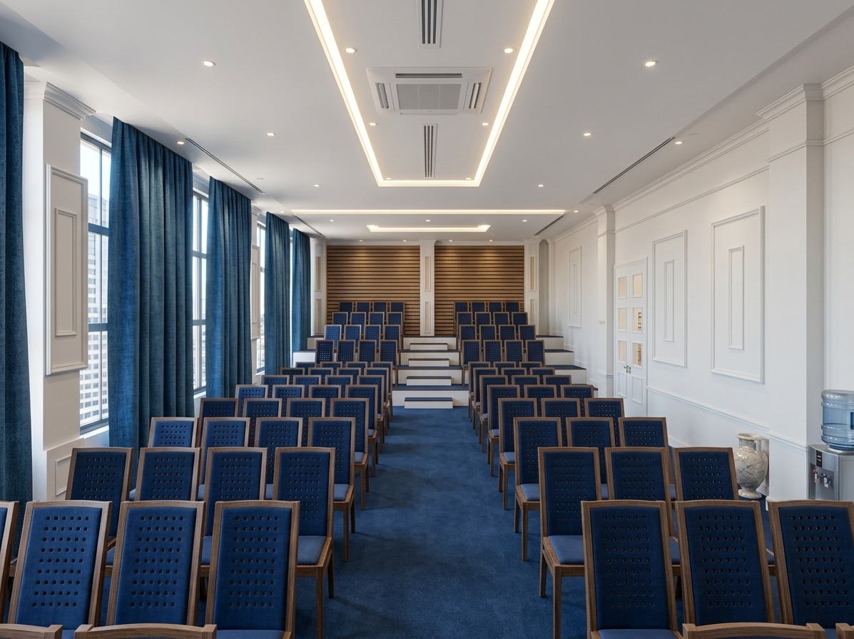 An incredibly lifelike, richly detailed, photorealistic wide-angle interior shot of a sophisticated corporate meeting hall set in a modern commercial office building. The scene is illuminated by bright summer midday daylight streaming through large side windows and balanced by warm, concealed linear LED lighting recessed into the clean white gypsum ceiling, creating a serene, professional, and refined minimalist atmosphere. Captured with a full-frame architectural camera and a 24mm wide-angle lens, emphasizing the plush texture of the rich blue carpeting, the elegant depth of classical white gypsum wall moldings, and the sleek dark upholstery of the wooden-framed conference chairs. Symmetrically aligned seating ascends naturally toward tiered rear platforms flanked by warm acoustic slat panels, while a crisp white paneled door seamlessly blends into the side wall, harmonizing with the subtle view of neighboring office towers visible beyond the draped floor-to-ceiling windows.