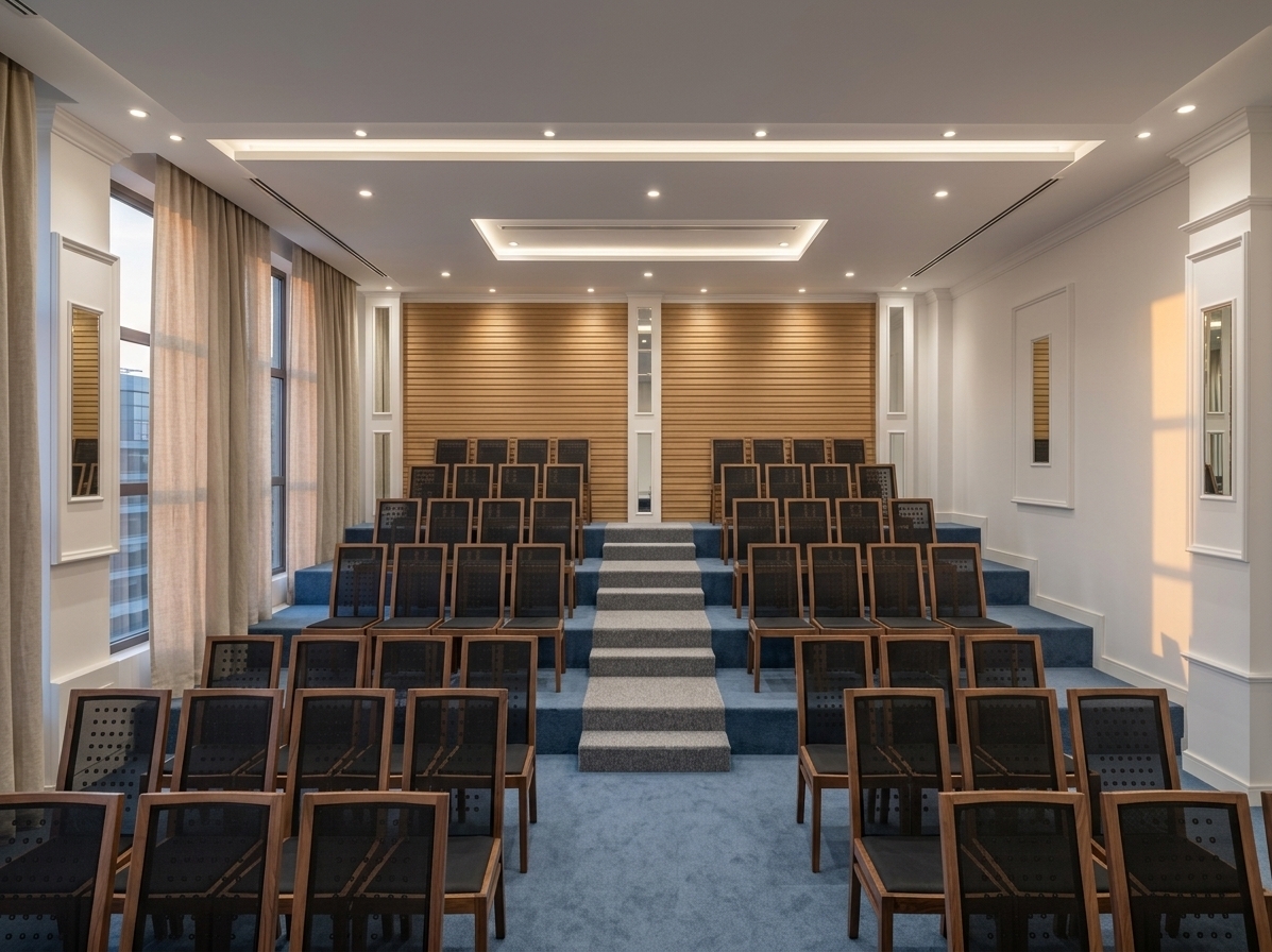 An incredibly lifelike, richly detailed, photorealistic eye-level interior shot of an executive tiered meeting hall set in a contemporary corporate office environment. The scene is illuminated by the soft golden glow of a late summer sunset filtering through expansive side windows, complemented by warm recessed spotlights and sleek concealed LED strip lighting embedded within the tiered white gypsum ceiling, creating an elegant, professional, and tranquil minimalist atmosphere. Captured with a professional wide-angle 24mm lens, emphasizing the plush texture of the muted blue acoustic carpeting, the refined grain of the horizontal timber slat accent wall at the rear, and the crisp detailing of the white gypsum wall moldings. Rows of modern auditorium chairs with breathable dark mesh seating and fine natural wood frames flank a central flight of textured grey-carpeted steps, while soft floor-to-ceiling linen drapes and a subtle view of neighboring modern office buildings at dusk enhance the scene's architectural depth and realism.