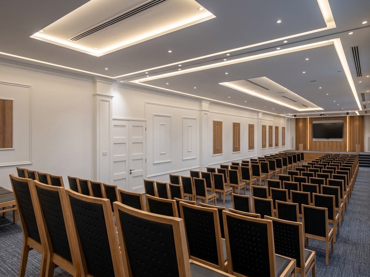 An incredibly lifelike, richly detailed, photorealistic wide-angle interior photograph of an expansive corporate meeting hall set within a contemporary office tower. The scene is illuminated by seamless concealed LED strip lighting glowing softly within the recessed tiers of the ceiling alongside precise architectural spotlights, creating a refined, balanced, and focused minimalist atmosphere. Captured with a professional full-frame camera and an ultra-wide tilt-shift lens, emphasizing the crisp geometric lines, layered ceiling coves, and delicate wall relief details. 

The hall's crisp white walls are detailed with classic gypsum picture-frame moldings, while the entrance doors are finished in matching satin white to create a sleek, monolithic look. Precise rows of auditorium seating feature warm natural wood frames upholstered with matte black, finely perforated acoustic cushions, leading the eye down the wide central aisles toward a raised presentation stage equipped with a large AV screen and vertical acoustic timber paneling. Underfoot, a plush commercial carpet with subtle two-tone grey and navy weave lends acoustic warmth and tactile richness, perfectly complementing the tranquil, light-filled, and uncluttered sophistication of the space.