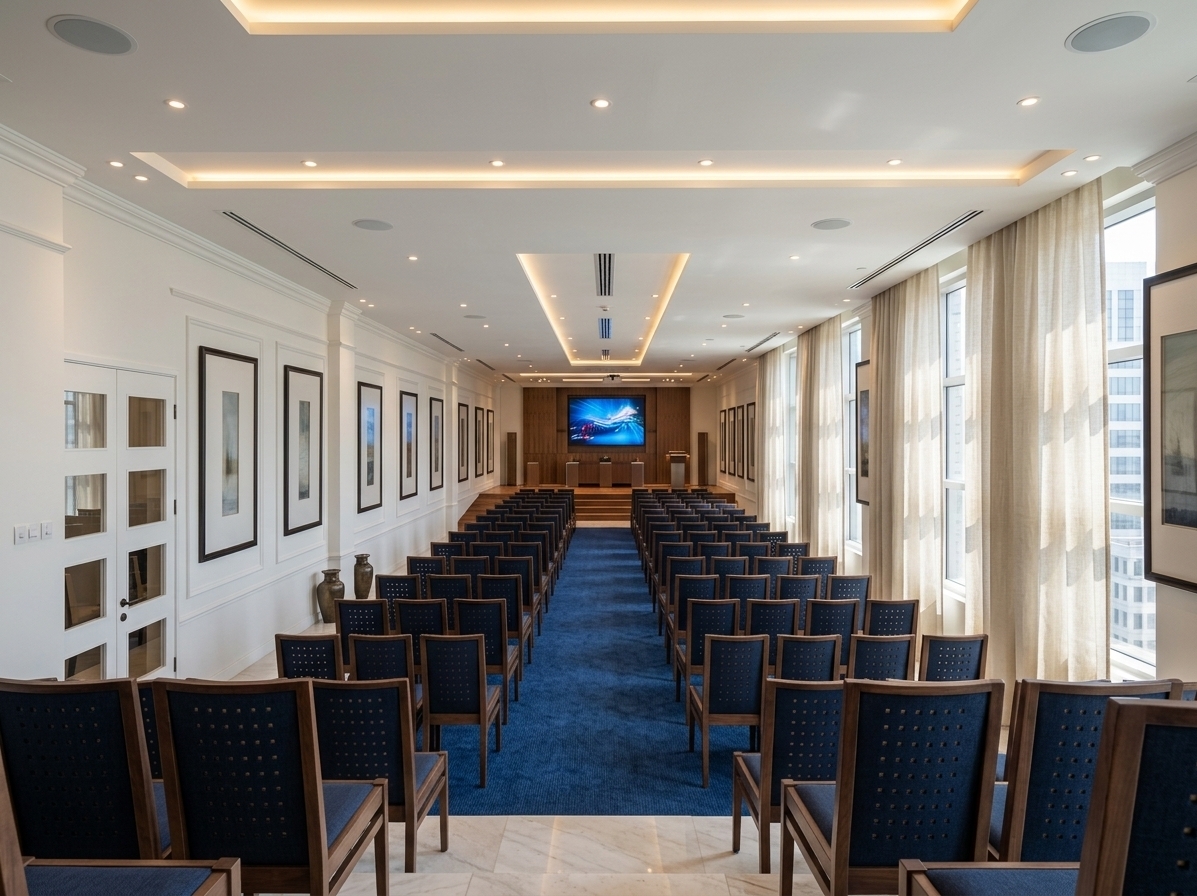 An incredibly lifelike, richly detailed, photorealistic wide-angle interior shot of an expansive executive meeting hall set in a contemporary corporate headquarters during a bright summer midday. The scene is illuminated by soft, natural daylight streaming through tall side windows, balanced seamlessly with warm recessed spotlights and glowing linear concealed LED strips nestled within the multi-tiered dropped ceiling coves, creating an elegant, professional, and serene atmosphere. Captured with an architectural tilt-shift lens, emphasizing the crisp geometry, deep perspective, and refined material textures, the space features pristine white walls adorned with classic gypsum picture-frame moldings and seamlessly integrated white-lacquered entrance doors. Symmetrical rows of modern conference chairs upholstered in rich dark fabric flank a vibrant, textured navy blue carpeted aisle that leads the eye toward the elevated wooden stage at the front. On the presentation stage, a crystal-clear display screen glows with a dynamic corporate graphic, framed by sleek acoustic paneling, while flowing floor-to-ceiling linen drapes on the right gently filter views of neighboring sunlit office towers outside.