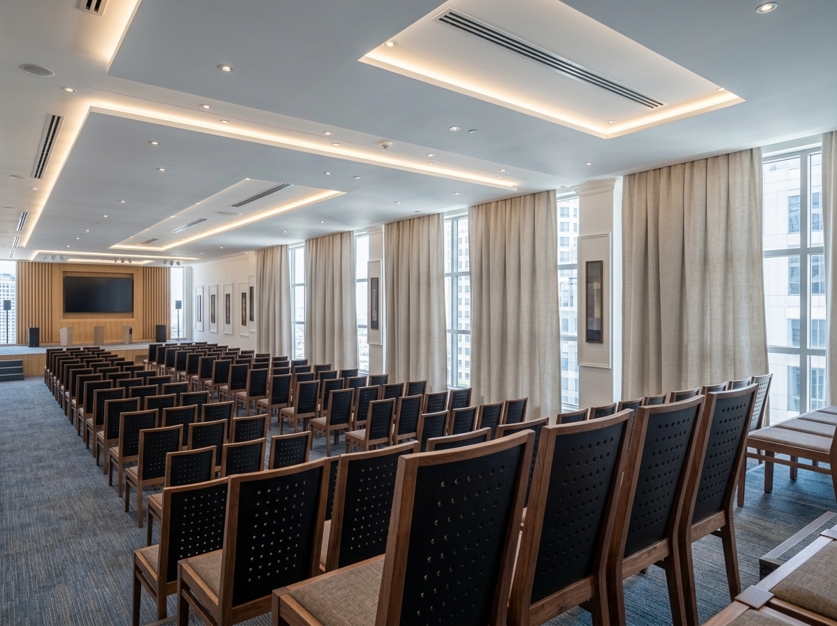 An incredibly lifelike, richly detailed, photorealistic wide-angle interior shot of a grand corporate meeting hall set in a contemporary high-rise office complex during a bright summer midday. The scene is illuminated by a harmonious blend of crisp natural light filtering past tailored linen drapes from expansive multi-pane windows and soft ambient radiance from concealed LED strip coves and recessed downlights in the layered white gypsum ceiling, creating a clean, sophisticated, and focused minimalist atmosphere. Captured with a full-frame architectural lens, emphasizing the tactile fine-weave blue and slate-grey acoustic carpet, the pristine matte white walls adorned with subtle gypsum molding panels, and the warm satin finish of the wood-framed chairs lined up in immaculate rows with black perforated backrests. In the background, a sleek presentation stage with fluted wooden acoustic slats and a high-definition media screen anchors the space, while subtle glimpses of neighboring urban office towers through the glass add depth to this refined, state-of-the-art conference haven.