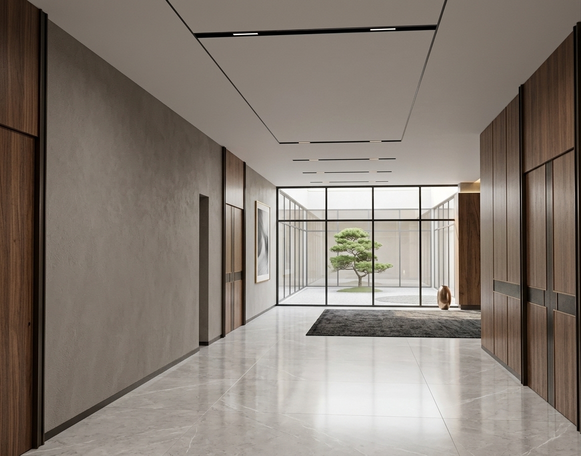 An incredibly lifelike, richly detailed, photorealistic wide-angle interior view of a luxurious modern hotel lobby set in an upscale minimalist sanctuary. The scene is illuminated by gentle natural daylight filtering through expansive floor-to-ceiling glass panel windows at the far end, paired with recessed linear ceiling light tracks, creating a serene, peaceful, and sophisticated atmosphere. Captured with a 24mm architectural lens at eye level, emphasizing the tactile plaster texture of muted taupe-gray walls, polished light-gray marble floor tiles with subtle veining, and warm, vertical walnut paneling. Leading toward the main lounge area marked by a dark inset rug, the uncluttered, streamlined corridor features clean lines, understated abstract art accents, and a tranquil, Zen-inspired palette of monochrome tones and natural timber finishes that evoke absolute elegance and modern simplicity.