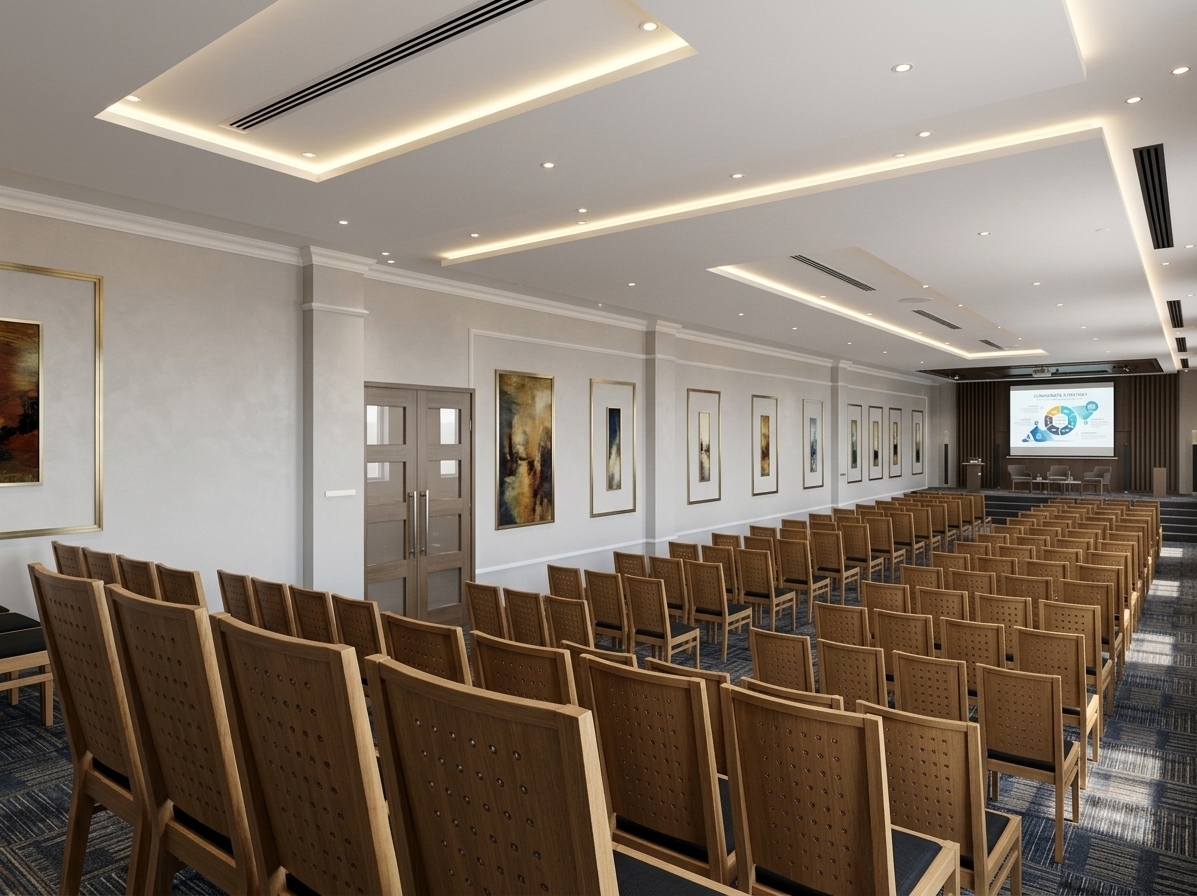 An incredibly lifelike, richly detailed, photorealistic wide-angle interior shot of a grand corporate meeting hall set in a modern office complex during a bright summer midday. The scene is illuminated by soft, recessed architectural downlights paired with warm-white concealed LED strip lighting recessed into the multi-tiered white gypsum ceiling, creating a bright, sophisticated, and focused atmosphere. Captured with a professional wide-angle lens, emphasizing the elegant classical gypsum wall moldings, seamless white doors, and the fine weave of the commercial patterned carpet. Rows of impeccably aligned presentation chairs with natural timber frames and perforated black cushions lead the eye toward the elevated front stage, where a crisp, high-definition presentation graphic illuminates the large display screen framed by sleek acoustic wood paneling, completing this minimalist yet refined professional haven.
