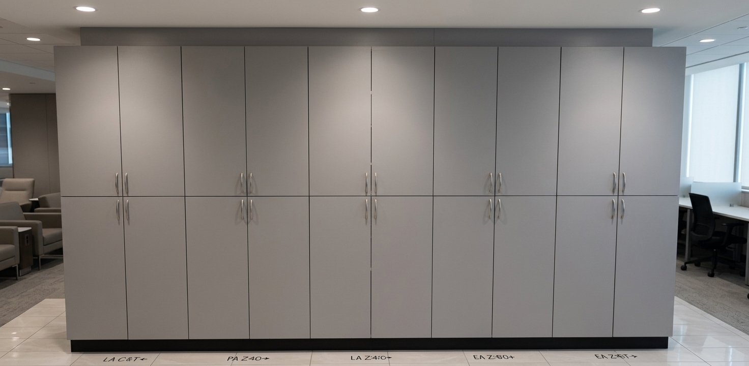 An incredibly lifelike, richly detailed, photorealistic straight-on interior shot of a sleek staff locker installation set in a contemporary airport personnel lounge and coworking space. The scene is illuminated by soft, recessed overhead architectural downlights and gentle ambient illumination, creating a refined, calm, and professional atmosphere. Captured with a 35mm architectural lens, emphasizing the smooth matte soft-gray laminate surfaces, slim brushed-stainless-steel vertical handles, and subtle reflections across the polished porcelain floor tiles. The full-length bank of double-tiered lockers exhibits crisp, symmetrical reveals and a seamless recessed base, perfectly embodying contemporary elegance and high-efficiency functionality within a modern corporate airport facility.
