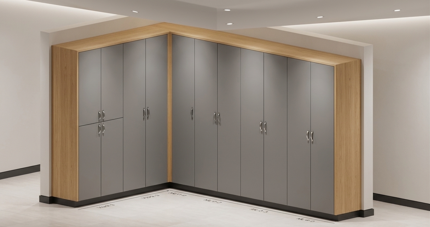 An incredibly lifelike, richly detailed, photorealistic wide-angle interior photograph of an exclusive airport staff locker facility and lounge set in a sleek, modern terminal context. The scene is illuminated by diffused ambient ceiling lighting and clean downlights, creating a pristine, calm, and sophisticated atmosphere. Captured with a 35mm architectural lens, emphasizing the crisp alignment, smooth textures, and refined material contrast. An expansive L-shaped arrangement of tall, full-height lockers is showcased with seamless matte-grey front panels, accented by polished metallic handles and framed in warm, light natural oak veneer. The floating cabinetry rests gracefully above a recessed baseboard over smooth, pale-toned porcelain floor tiles, embodying a perfect balance of contemporary elegance and efficient, high-traffic functionality.