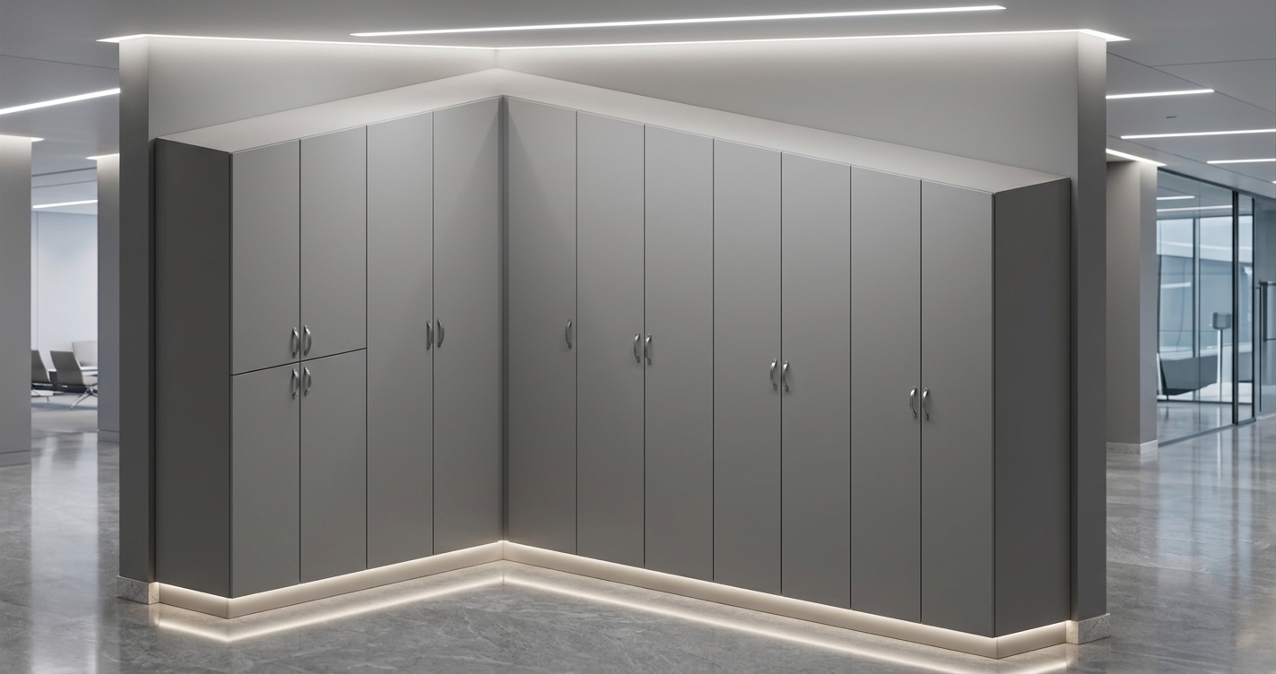 An incredibly lifelike, richly detailed, photorealistic interior shot of a sleek staff locker suite set in a modern airport lounge facility. The scene is illuminated by diffuse overhead linear architectural LEDs and subtle baseboard lighting, creating a clean, professional, and tranquil atmosphere. Captured with a 24mm tilt-shift lens, emphasizing the refined monochromatic plain-grey palette, from the seamless ultra-matte grey cabinet finishes and brushed metal vertical handles to the polished grey stone flooring below. Designed with contemporary elegance, the tall, full-height L-shaped locker units integrate flush against smooth dove-grey walls, offering airport personnel a sophisticated, organized, and quietly luxurious space.