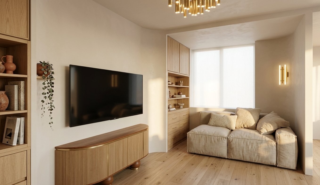 An incredibly lifelike, richly detailed, photorealistic wide-angle interior photograph of a serene living room transformed into a luxurious bohemian oasis set in an airy, contemporary apartment. The scene is illuminated by soft, golden-hour sunlight flooding through an unseen window and complemented by the gentle glow of a sculptural brass tubular chandelier and a minimalist wall sconce, creating a tranquil, warm, and sophisticated atmosphere. Captured with a professional full-frame camera and a 24mm tilt-shift lens, emphasizing tactile natural fabrics, rich wood grains, and flawless plaster finishes, the composition centers on a large, sleek mirror mounted on the smooth ivory feature wall, brilliantly reflecting the bright window and lush outdoor greenery opposite. Beneath it sits an elegantly curved mid-century modern credenza crafted from fluted oak with brushed gold accents, while adjacent built-in niche shelving is tastefully curated with terracotta pottery, trailing houseplants, and textured art books. Tucked into the cozy, softly curved alcove on the right, an inviting deep-seated sectional sofa upholstered in relaxed, oatmeal-toned linen is piled high with plush bouclé and woven pillows, resting on wide-plank light oak flooring that completes this effortlessly chic and harmonious retreat.