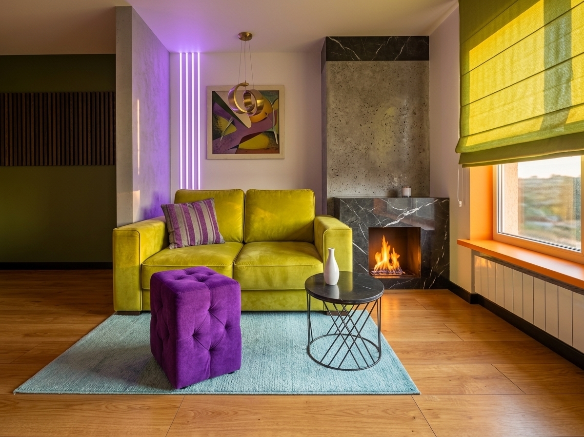 An incredibly lifelike, richly detailed, photorealistic wide-angle interior shot of a retro-futuristic living room set in a stylish space-age summer residence. The scene is illuminated by the warm, golden amber light of a summer sunset filtering through ribbed lime-green Roman blinds, mingled with the soft glow of violet neon wall strips and a flickering dark-marble fireplace, creating a bold, nostalgic, and innovative atmosphere. Captured with a professional 35mm architectural lens, emphasizing sleek polished surfaces, lush fabric textures, and polished honey-wood floorboards. At the center, a vibrant chartreuse velvet sofa is paired with a plush, tufted electric-purple ottoman and a geometric, metallic wireframe coffee table holding an elegant minimalist vase, all arranged over a textured pastel-cyan area rug. Above, an abstract vintage sci-fi art piece hangs under a sculptural brass pendant fixture, with deep olive accent paneling perfectly blending mid-century styling with streamlined futuristic elegance.