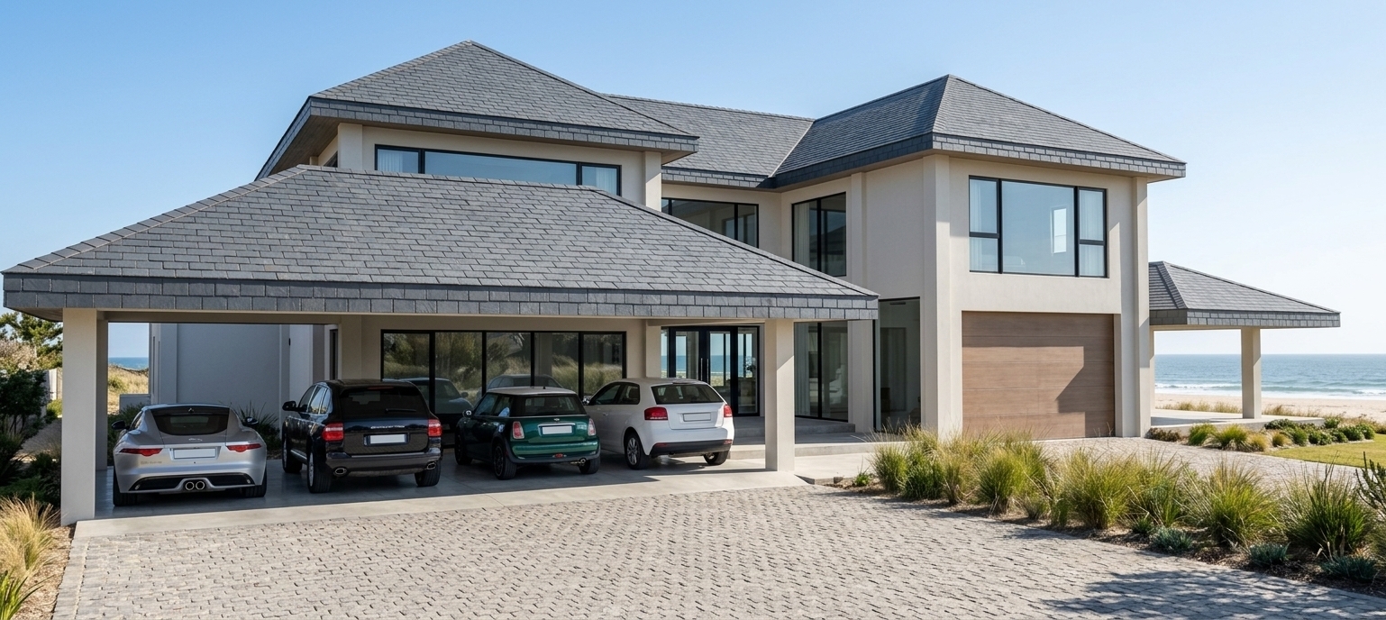 An incredibly lifelike, richly detailed, photorealistic wide-angle exterior architectural photo of a luxurious Scandinavian sanctuary residence set in a serene coastal landscape with a sunlit beach background. The scene is illuminated by brilliant midday spring daylight casting crisp, delicate architectural shadows, creating an airy, peaceful, and sophisticated atmosphere. Captured with a professional 24mm tilt-shift lens, emphasizing the tactile textures of charcoal-grey slate roof tiles, smooth matte off-white stucco, and reflective floor-to-ceiling glass paneling. The striking multi-level villa showcases elegant hipped rooflines, clean geometric volumes in neutral tones, and sleek black-framed large windows paired with a grand double-door glass entrance. Under the expansive front-covered carport structure, four contemporary vehicles—including a sleek sports car, an SUV, and stylish hatchbacks—rest with immaculate gloss finishes on smooth polished concrete, while manicured coastal grasses and paved stone pathways naturally transition toward the shimmering, tranquil ocean horizon behind the estate.
