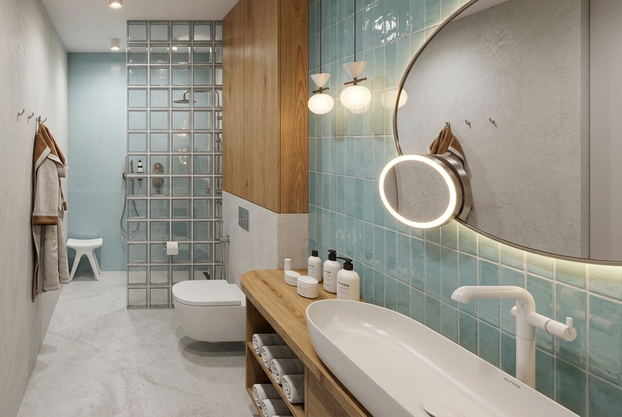 A crisp architectural photograph of the modern bathroom interior, showcasing a smooth white ceiling, matte beige porcelain stoneware floor and accent wall, and glossy aqua blue tiles on the feature walls. The countertop and overhead storage are finished in natural warm-toned oak, complemented by an authentic glass block shower divider with realistic light refractions. All fixtures, including the vessel faucet, bidet spray, shower set, and flush plate, have a clean matte white finish. Illumination is provided by warm neutral LED backlighting behind the organic-framed mirror and beneath the vanity, balanced with soft glow from the modern pendant fixtures and subtle ceiling spotlights. Captured on a 24mm architectural tilt-shift lens with balanced exposure, delicate surface micro-textures, crisp reflections on ceramic and glass, and natural photographic depth.