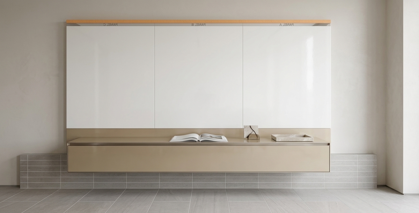 An incredibly lifelike, richly detailed, photorealistic straight-on architectural interior shot of a sophisticated executive office set in a serene contemporary building. The scene is illuminated by diffused, light-filled natural daylight paired with subtle ambient cove lighting, creating a calm, airy, and impeccably refined atmosphere. Captured with a 50mm tilt-shift lens, emphasizing the balanced proportions and flawless textures of a bespoke feature wall unit. Three expansive vertical panels finished in soft pearl and warm white lacquer rise gracefully above a solid champagne-toned credenza base trimmed with slim brushed metal accents. Resting on muted, soft gray linear tiled flooring, the minimalist installation is styled with an open art photography book, subtle abstract decor, and polished stone finishes, perfectly embodying understated contemporary elegance and sophisticated craftsmanship.