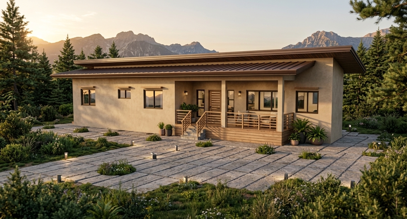 An incredibly lifelike, richly detailed, photorealistic wide-angle architectural shot of a charming single-story alpine home set in a lush outdoor garden nestled within a rugged mountain escape. The scene is illuminated by the soft, golden light of a summer sunset dipping behind distant peaks, creating an inviting, tranquil atmosphere filled with warm tones and gentle twilight reflections. Captured with a professional architectural camera and a crisp 35mm lens, emphasizing the tactile plaster finishes, deep brown standing-seam shed roof, and the natural grain of the wooden entrance door and porch accents. The elevated front veranda features contemporary yet rustic horizontal railings, leading up stone steps onto a welcoming deck adorned with potted mountain ferns and comfortable timber seating. Through the expansive, dark-framed panoramic windows, cozy interior living spaces are subtly revealed with textured neutral textiles, sturdy log furniture, deep forest-green accents, and curated mountain range wall art, seamlessly blending modern comfort with timeless alpine cabin aesthetics amidst fragrant pine gardens and wild mountain flora.