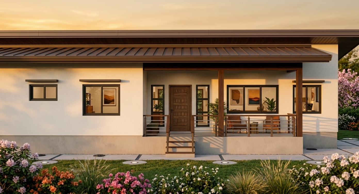 An incredibly lifelike, richly detailed, photorealistic exterior eye-level architectural shot of a single-story mid-century modern residence set in a lush, blooming spring outdoor garden. The scene is illuminated by the radiant golden glow of a low sunset, casting long, soft shadows and warm amber reflections across the building's facade, creating an inviting, tranquil, and timeless atmosphere. Captured with a professional full-frame camera and a 35mm tilt-shift architectural lens, emphasizing clean linear rooflines, smooth off-white stucco finishes, and rich organic materials. The home showcases sleek architectural simplicity with its tiered, earth-toned overhanging roof, a sturdy foundational concrete base, and an expansive covered front porch bordered by sleek wood-and-metal railings. Looking through the large, pristine glass windows, the functional and uncluttered interior is subtly revealed, featuring elegant teak and walnut furniture, tasteful mid-century modern decor, vibrant potted indoor plants, open photography books neatly resting on clutter-free tabletops, and gallery-worthy abstract wall art rendered in harmonious shades of earth tones, deep sunset oranges, and muted blues, seamlessly bridging retro sophistication with the flourishing spring landscape outside.