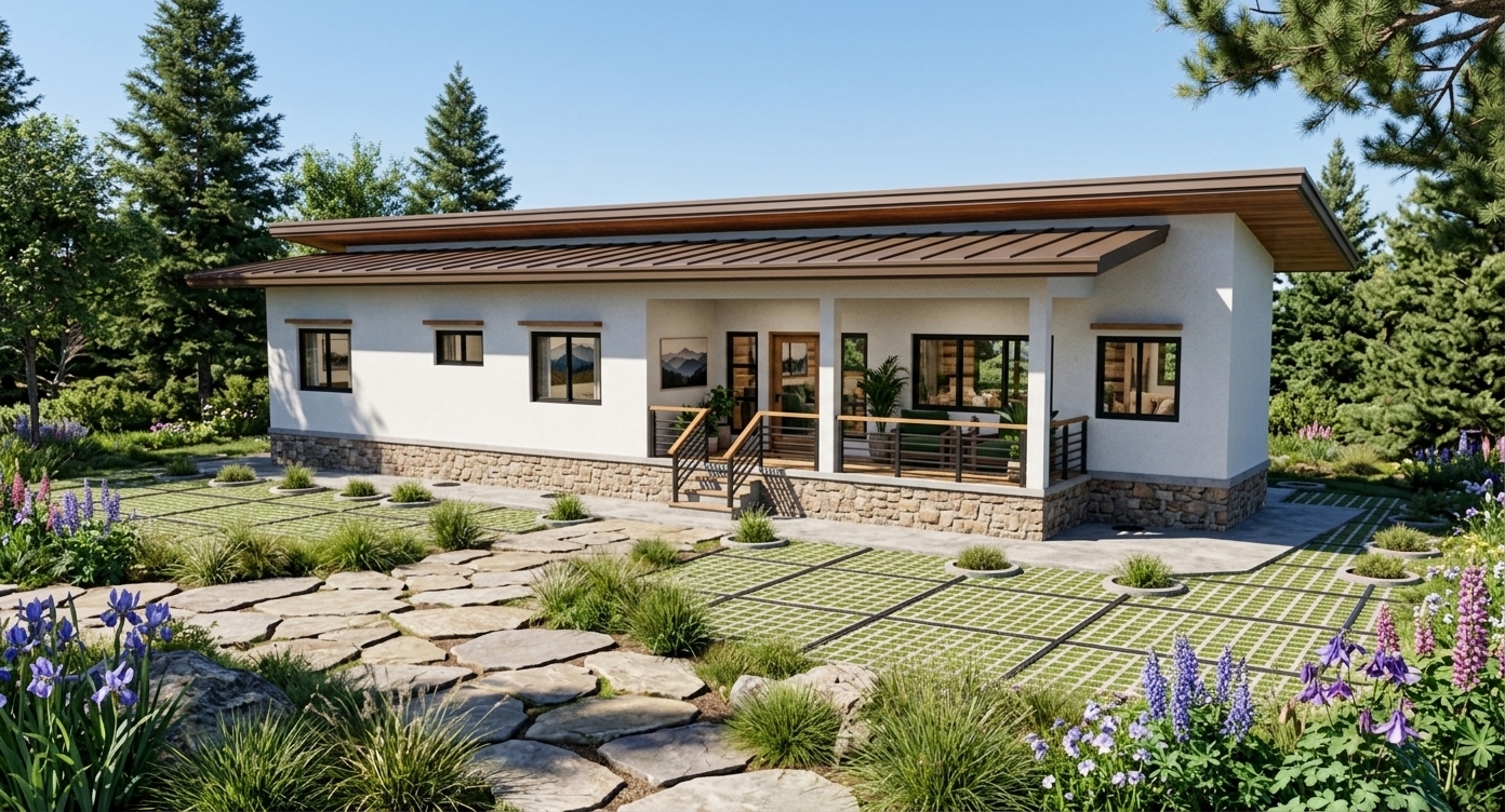 An incredibly lifelike, richly detailed, photorealistic wide architectural shot of an elongated single-story rustic-modern cabin retreat set in a breathtaking alpine mountain escape surrounded by a blossoming spring outdoor garden. The scene is illuminated by radiant midday sunlight casting crisp, natural shadows beneath the extended eaves and along the raised porch, creating a cozy, serene, and deeply inviting atmosphere. Captured with a professional 35mm tilt-shift lens, emphasizing the fine-grained white exterior plaster, the rich bronze-finished metal shed roof with polished wooden under-soffits, the textured stone foundation plinth, and the elegant blackened-steel railings with polished timber handrails lining the entryway. Through the large, reflective black-framed windows, a glimpse into the comfortable interior reveals rustic cabin-inspired styling adorned with mountain range wall art, deep forest green and warm neutral textiles, sturdy wooden furnishings, and flourishing indoor potted plants. The foreground and surroundings seamlessly integrate flagstone walkways, native mountain grasses, and vibrant spring flora nestled among evergreen pine trees, perfectly presenting the design as a sophisticated, rugged haven featured in an architectural photography book.