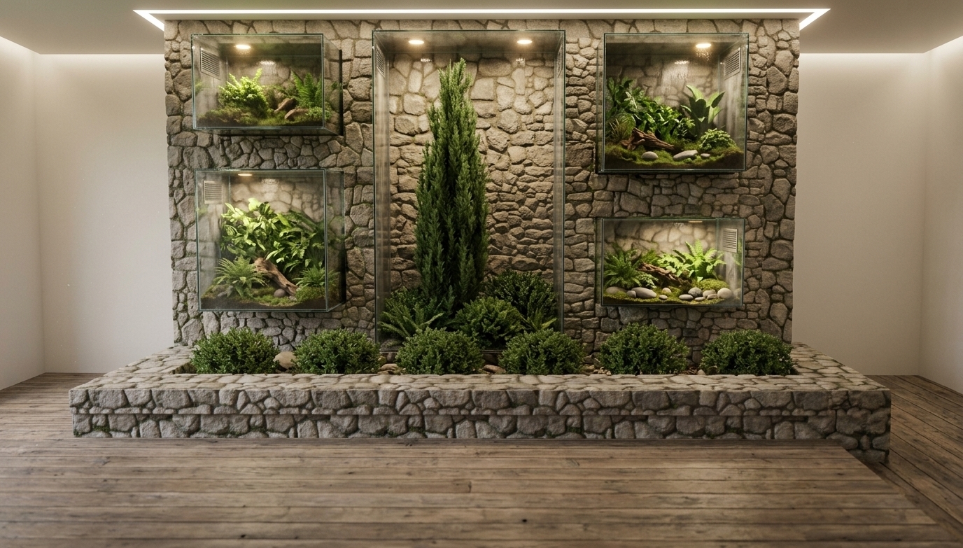 A photorealistic architectural photograph of the built-in multi-compartment reptile terrarium wall, maintaining the exact straight-on perspective and geometry. The structure features rugged, textured fieldstone masonry with realistic mortar joints, housing flush glass vivarium enclosures filled with lush pine-like greenery and dense lower shrubs. Warm interior basking spotlights cast soft golden highlights and subtle humidity mist within the glass boxes, producing gentle surface reflections. Captured with a 35mm architectural lens at f/5.6, showcasing rich textural depth across the stone, natural shadows, and a balanced indoor ambient exposure with subtle film grain.