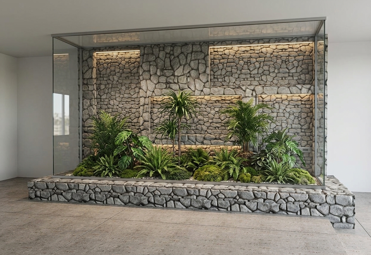 A crisp architectural photograph of this built-in indoor decorative reptile terrarium, preserving the exact layout, raised cobblestone plinth, and tropical foliage composition. Warm internal spotlights cast natural highlights and soft organic shadows across the textured grey stone wall and lush, damp greenery behind clear glass panels with faint reflections. The surrounding interior room features realistic ambient light, while the camera captures rich surface micro-textures, authentic material depth, and subtle film grain for true-to-life realism.