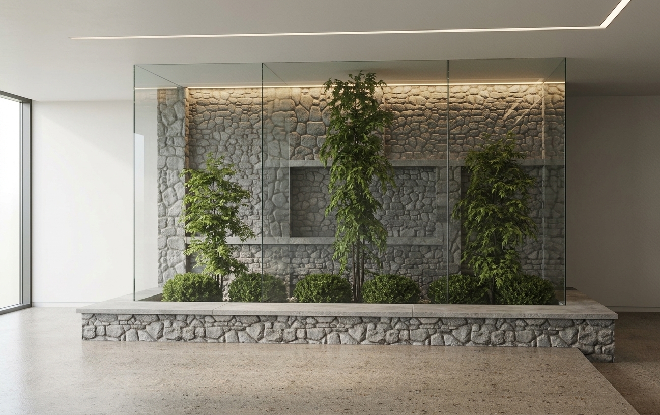 A photorealistic shot of a modern indoor reptile terrarium built upon a natural textured fieldstone base, maintaining the exact geometry and layout of the scene. The enclosure features ultra-clear glass panels with subtle reflections and water droplet micro-textures, revealing lush green tropical foliage with a prominent tall central plant flanked by smaller greenery against a realistic rugged stone masonry back wall. Warm directional spot lighting from above simulates specialized vivarium basking lamps, casting soft shadows through the leaves and highlighting the earthy textures of wet stone, damp soil, and vibrant foliage with natural color depth and subtle ambient interior light.