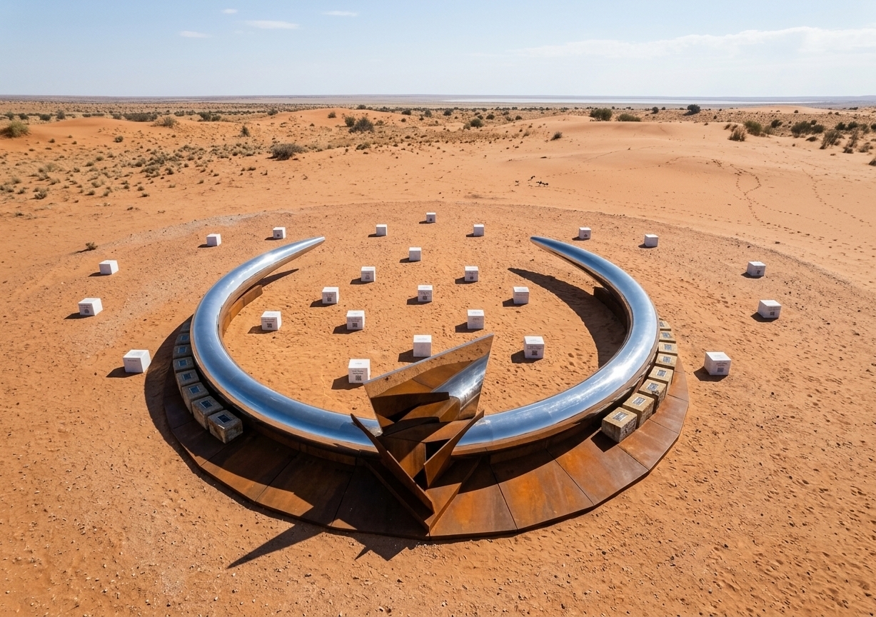An incredibly lifelike, richly detailed, photorealistic high-angle aerial landscape shot of an outdoor human rights monument set in the vast, arid terrain of the Central Kalahari Game Reserve. The scene is illuminated by bright, direct midday sunlight casting defined, geometric shadows across the sand, creating a serene, minimalist, and deeply contemplative atmosphere. Captured with a wide-angle architectural drone camera, emphasizing the reflective sheen of the massive curved chrome ring, the weathered, oxidized textures of the angular Corten steel panels at its base, and the delicate placement of polished marble plaque exhibits scattered across the expansive desert ground.