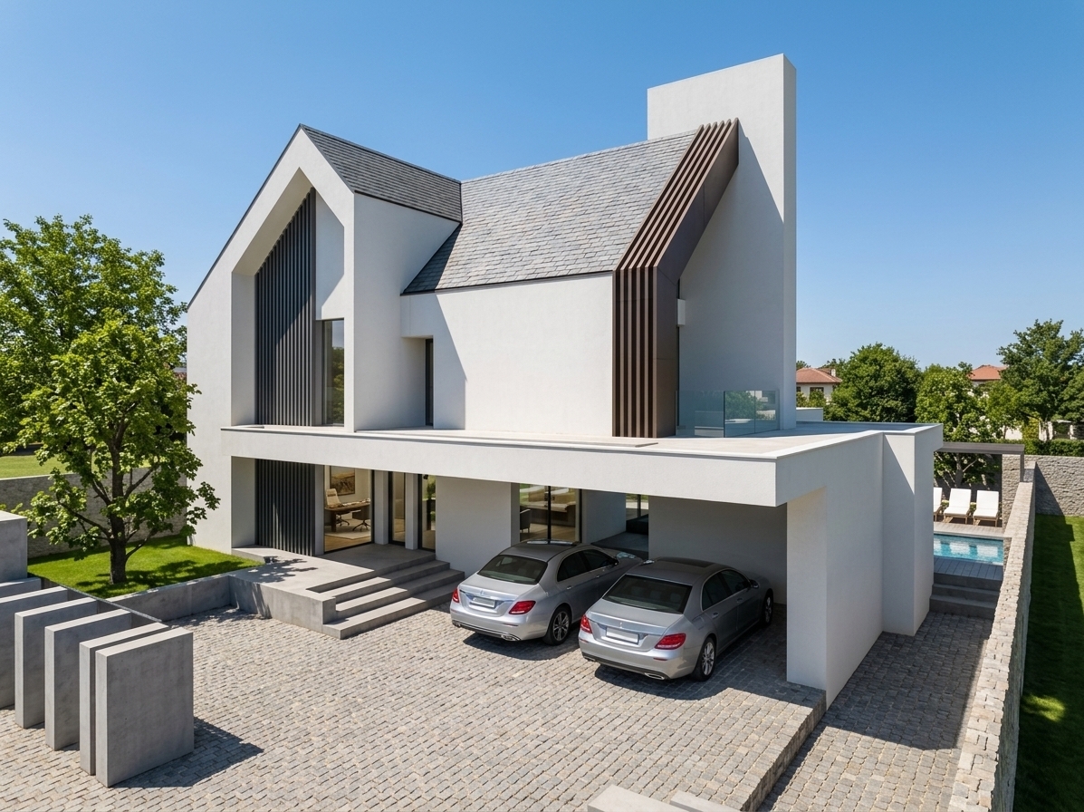 An incredibly lifelike, richly detailed, photorealistic wide-angle exterior architectural shot of a modern luxury villa set in a sun-drenched suburban landscape. The scene is illuminated by the bright, crisp light of a summer midday under a clear azure sky, creating a vibrant, high-contrast, and sophisticated atmosphere. Captured with a professional full-frame camera and a sharp tilt-shift lens, emphasizing the clean geometric forms, smooth white stucco walls, vertical aluminum charcoal slats, and textured stone masonry. Large, floor-to-ceiling clear glass windows offer subtle reflections of manicured green lawns and mature trees while providing a soft glimpse into an elegant, sunlit home office interior. Two sleek silver sedans sit parked under the expansive cantilevered carport along the neatly paved cobblestone driveway, while refined clear glass railings line the second-floor balcony. In the background, residents relax by a private poolside lounge patio, completing a seamless vision of contemporary elegance and luxurious indoor-outdoor living.