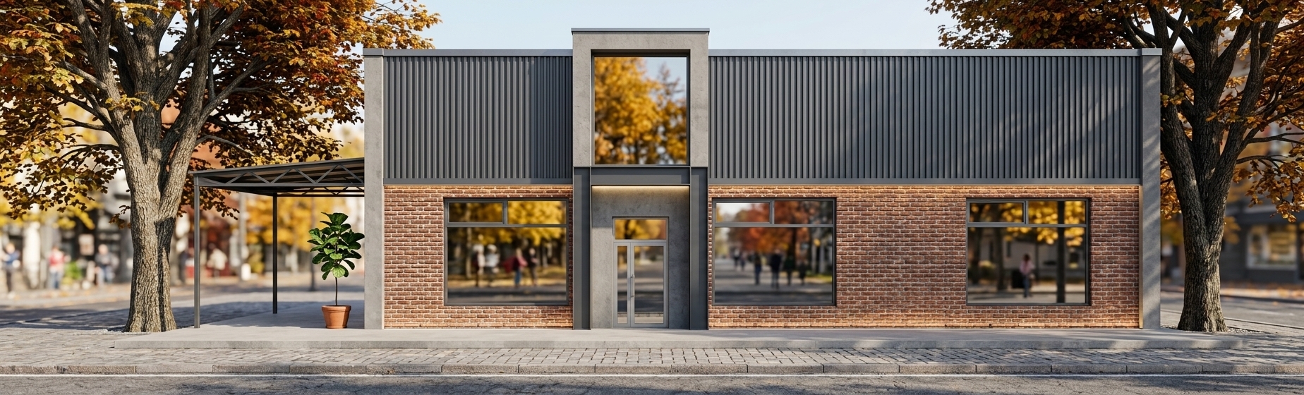 An incredibly lifelike, richly detailed, photorealistic eye-level architectural photo of a modern single-story pavilion set in a serene autumn streetscape. The scene is illuminated by crisp midday sunlight paired with refined architectural facade uplighting and downlighting, creating an inviting, sophisticated, and contemporary atmosphere. Captured with a professional 35mm tilt-shift lens, emphasizing the rich, weathered textures of the red-brick masonry, the clean rhythm of charcoal-gray vertical ribbed siding, and robust dark-gray pylons framing the building's edges. The large, pristine display windows vividly mirror reflections of the bustling autumn street and golden-tinted trees, while a sleek central entrance portal leads into an elegant mudroom vestibule. Flanking the building, mature leafy trees with subtle autumn hues and a minimalist side patio canopy with lush potted plants complete the balanced, polished aesthetic.